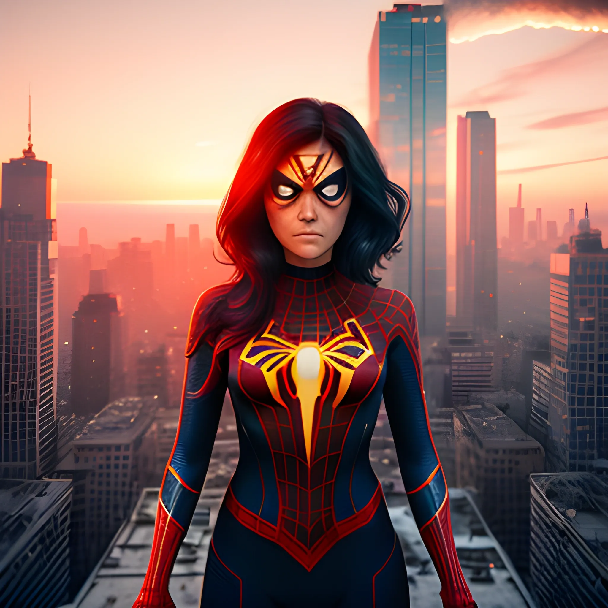 hyperrealistic shot of Spider-woman without mask on top of the  building, blast and war background, warm and cyberpunk colours, dawn time, depth of field, particles, light smoke