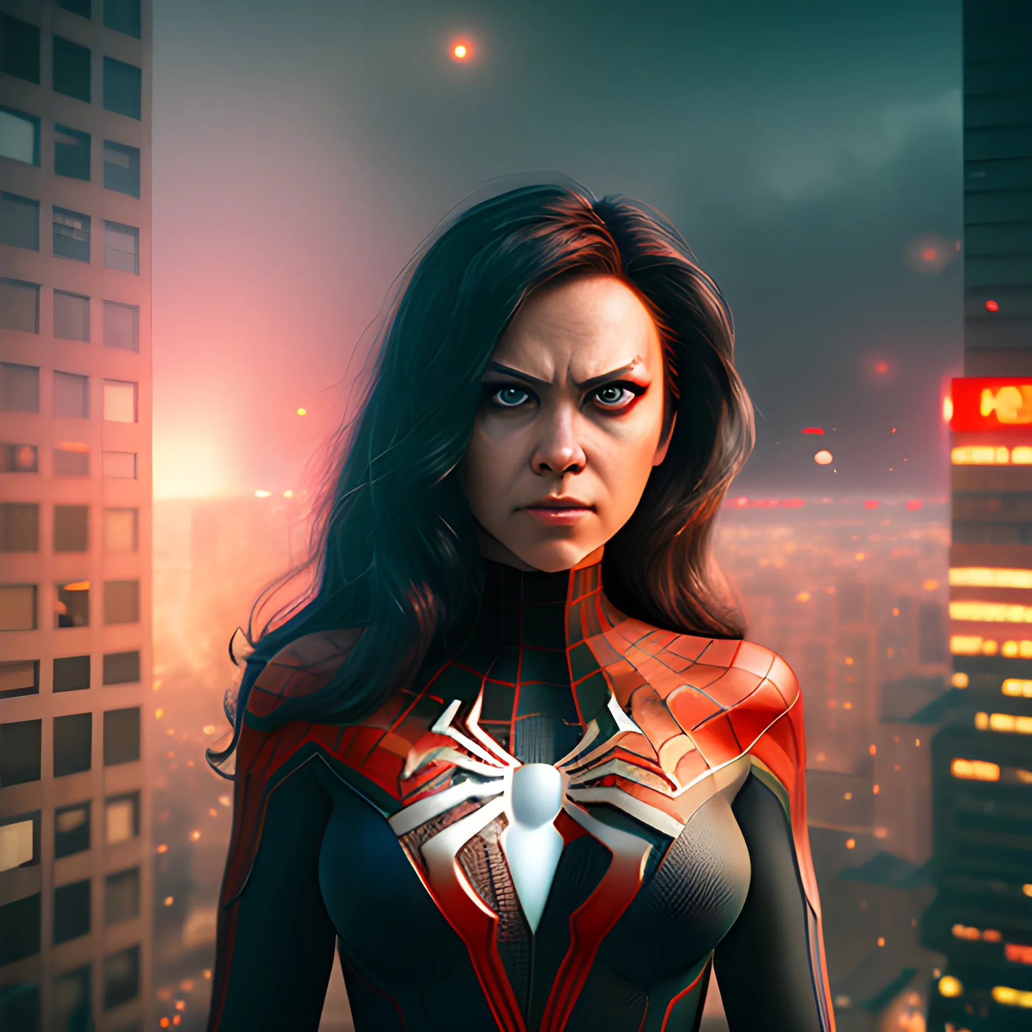 hyperrealistic shot of Spider-woman without mask on top of the  building, blast and war background, warm and cyberpunk colours, dawn time, depth of field, particles, light smoke