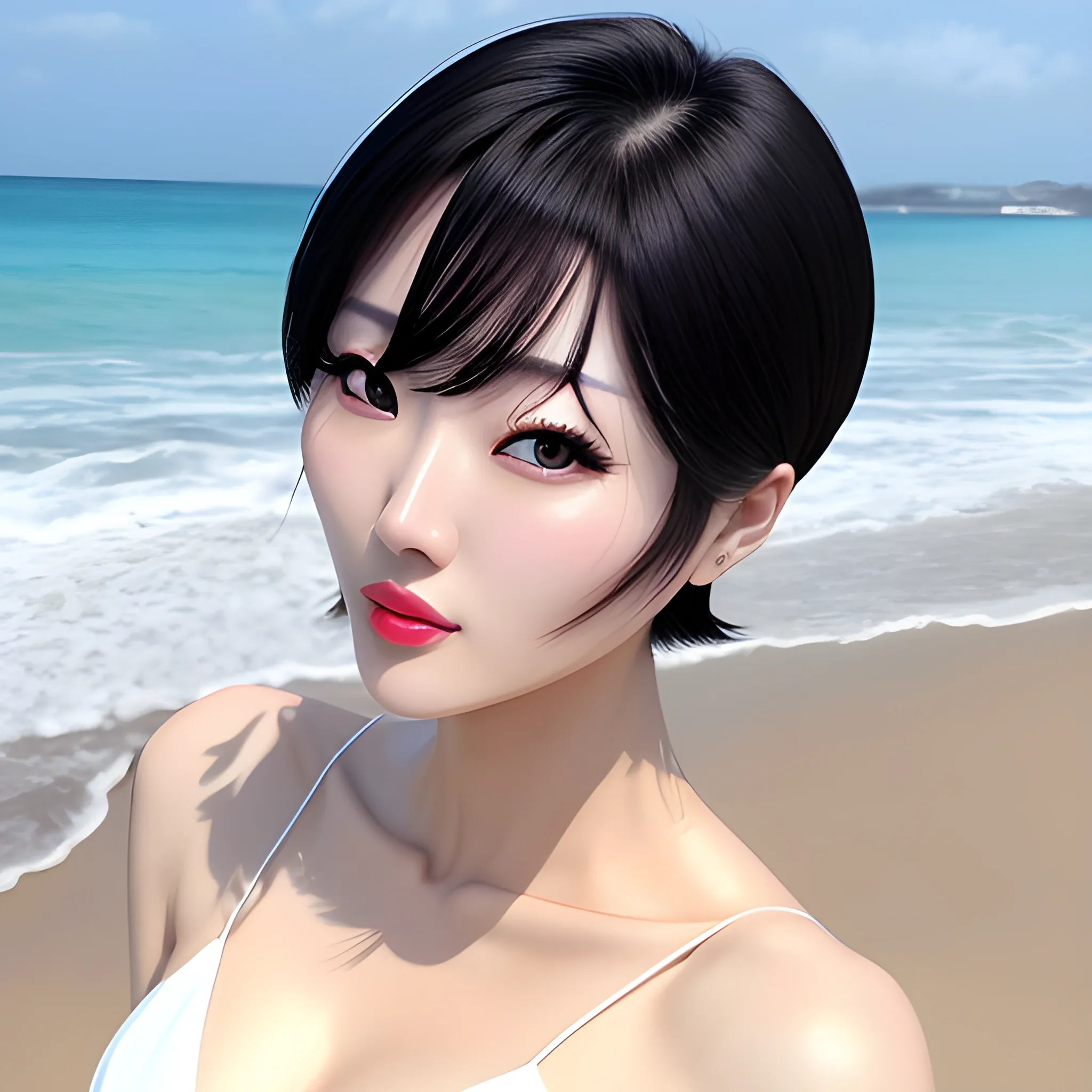  ((masterpiece, best quality)),  (photo realistic:1.4), a photography of a beautiful girl, (detailed face)0.3, (ulzzang-6500)0.2,Japanese idol (Japanese actress),  short hair, two legs,two arms,sexy pose, on the beach, looking at viewer,slant eyes,no eye make,small face,tan skin,bikini