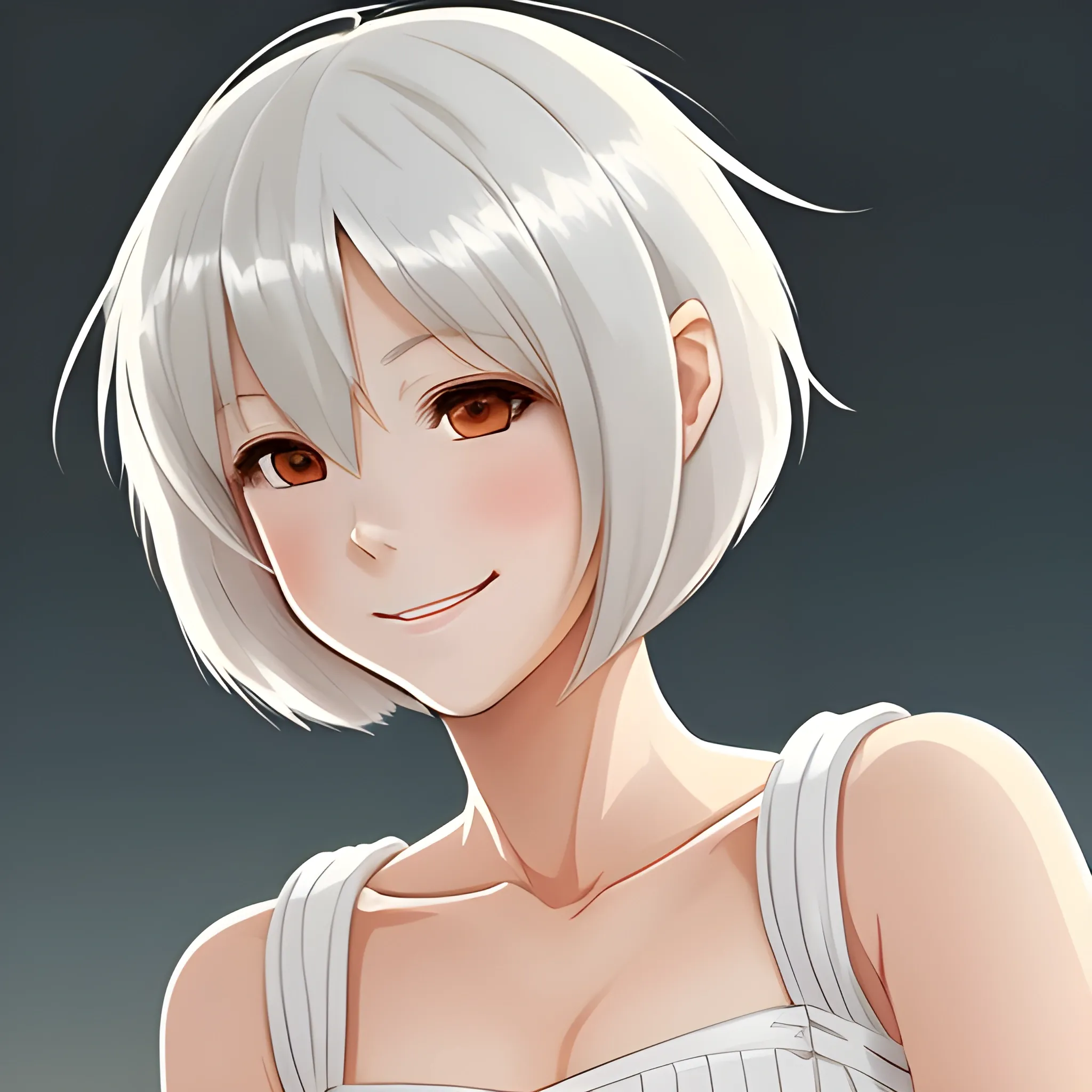 Woman, white clothes with brown borders, warrior, anime, detail, bob cut hair, half body, anime style, light smile