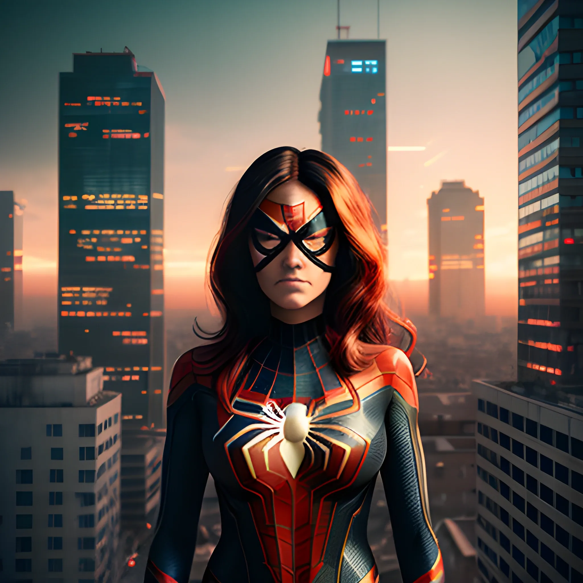 hyperrealistic shot of Spider-woman without mask on top of the  building, blast and war background, warm and cyberpunk colours, dawn time, depth of field, particles, light smoke