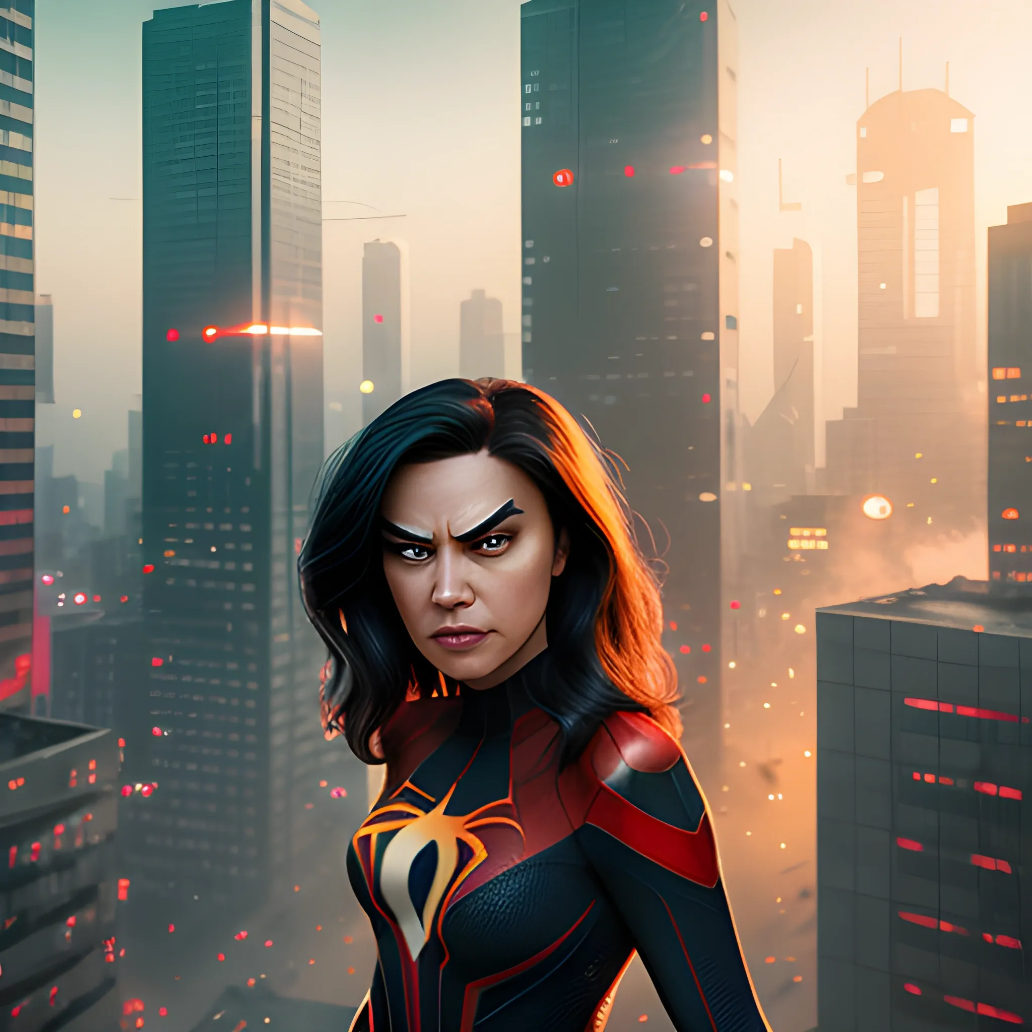 hyper-realistic shot of Spider-woman without a mask on top of the building, blast and war background, warm and cyberpunk colours, dawn time, depth of field, particles and light smoke, bokeh