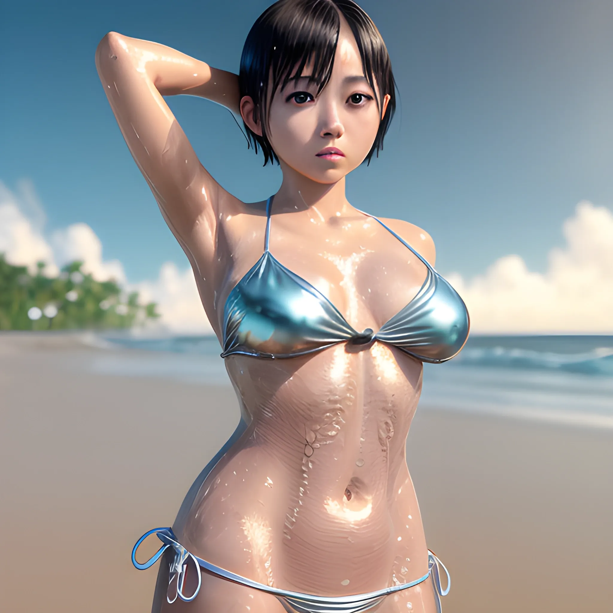  best quality, masterpiece, ultra high res, photorealistic,professional lighting, physically-based rendering, very cute,very beautiful, big eyes,no eye make,Japanese idol (Japanese actress), short hair,  full body shot from front, Metallic bikini, sexy pose, beach,wet skin, detailed skin,  tanline,chilloutmix,bare foot,big ass