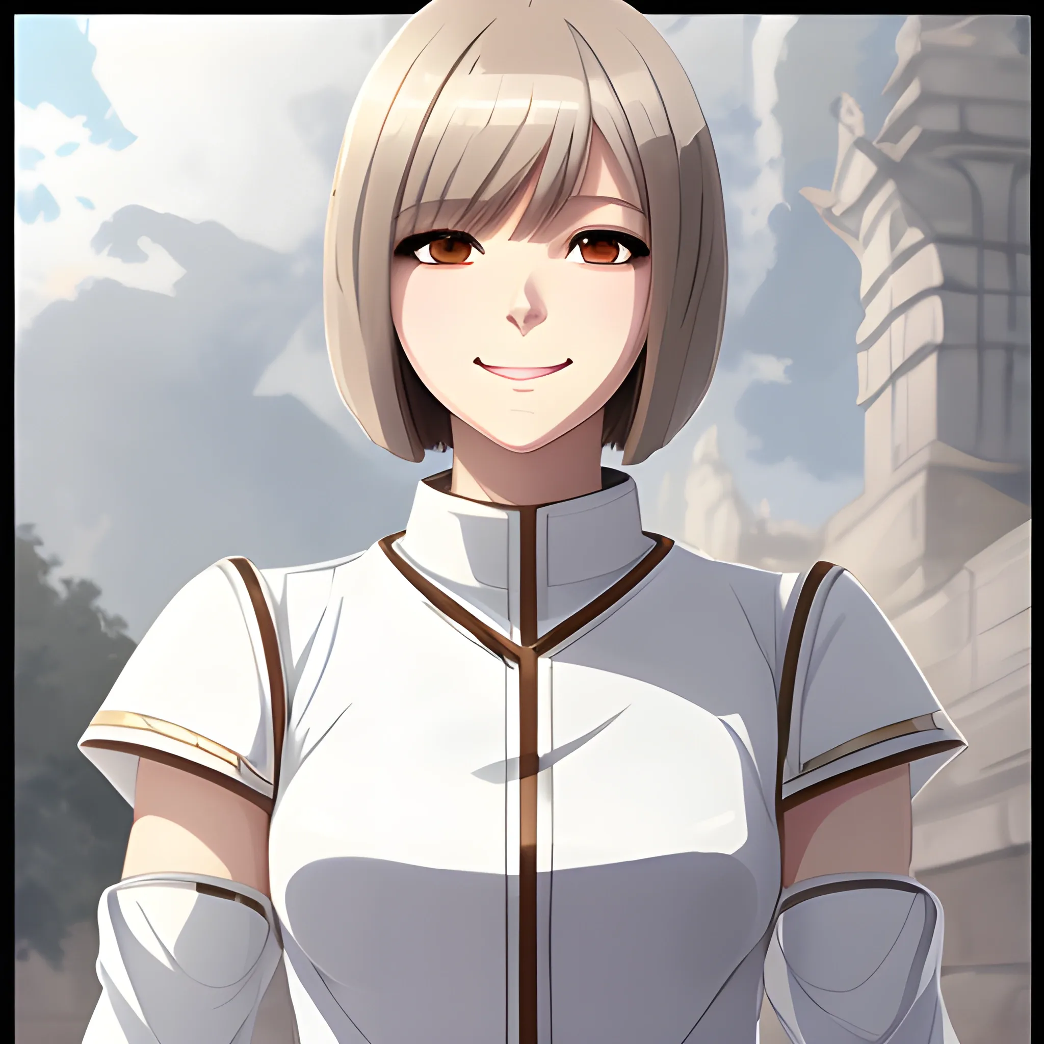 Woman, white clothes with brown borders, warrior, anime, detail, bob cut hair, half body, anime style, light smile, important half body view