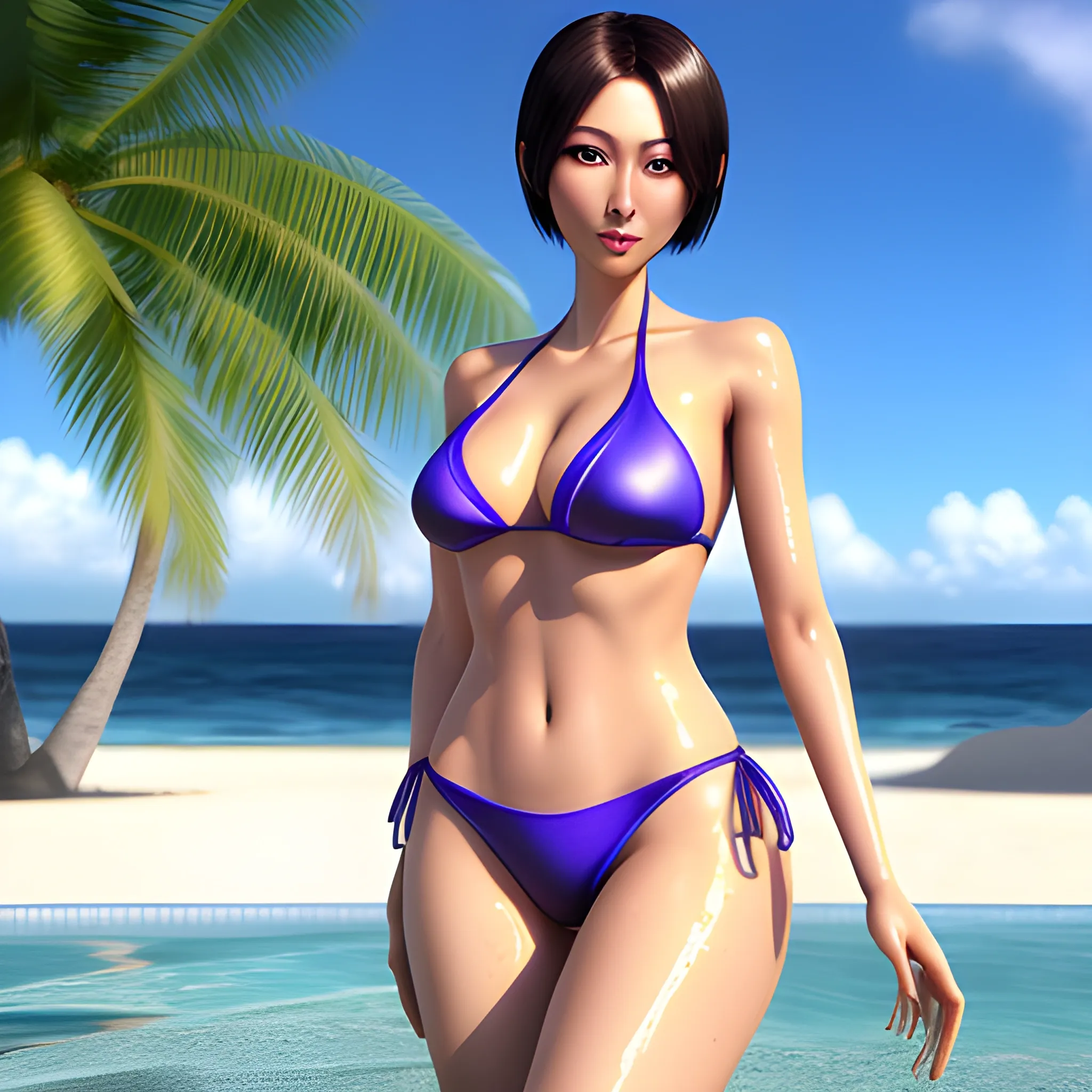  best quality, masterpiece, ultra high res, photorealistic,professional lighting, physically-based rendering, very cute,very beautiful, big eyes,no eye make,Japanese idol (Japanese actress), short hair,  full body shot from front, Metallic bikini, sexy pose, beach,wet skin, detailed skin,  tanline,chilloutmix,bare  foot,big ass,long legs, sweaty,15yo,