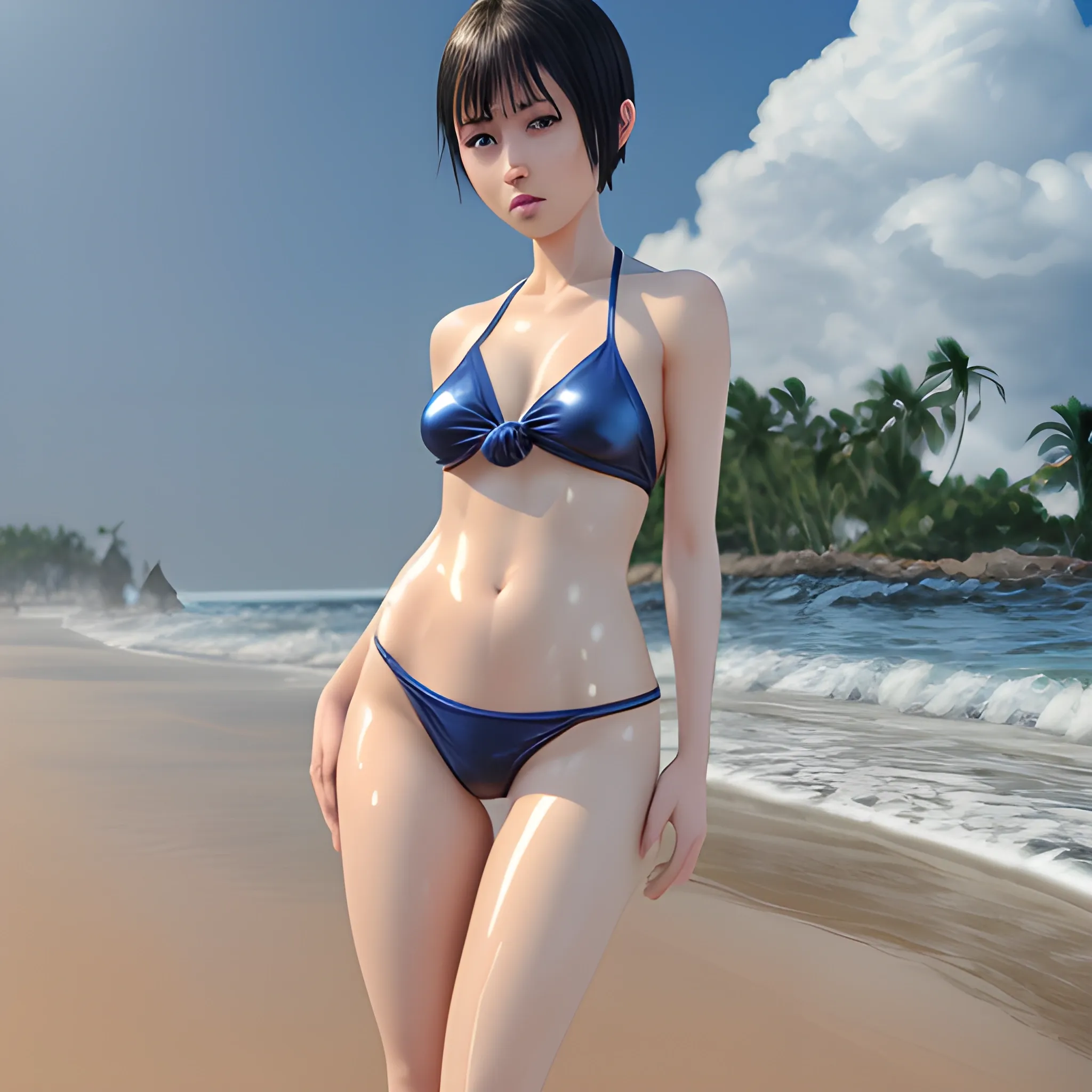 ,best quality, masterpiece, ultra high res, photorealistic,professional lighting, physically-based rendering, very cute,very beautiful, big eyes,no eye make,Japanese idol (Japanese actress), short hair,  full body shot from front, Metallic bikini, sexy pose, beach,wet skin, detailed skin,  tanline,chilloutmix,bare  foot,big ass,long legs, sweaty,ass grab