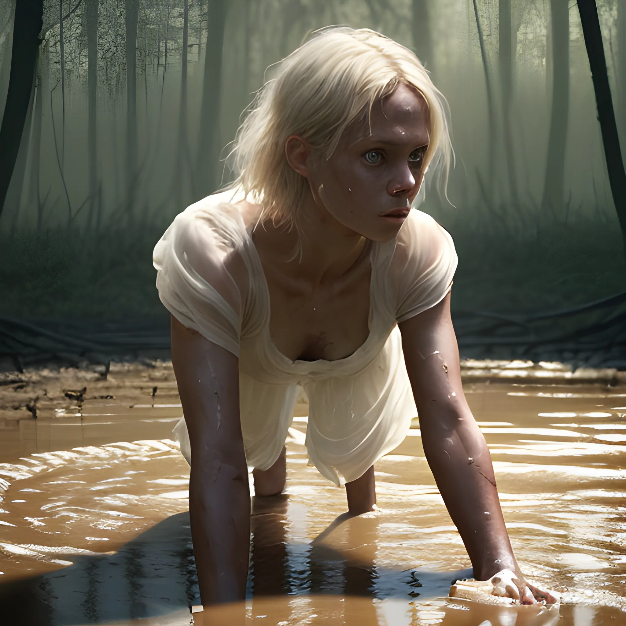 A fair-skinned woman, crawling slowly out of the muddy swamp, in a dark, late-afternoon setting, with few rays of sunlight breaking through the trees. Her blond hair, short and damp, falls over her face as she struggles to get free. Wearing delicately soiled white silk shorts and a sheer white silk top, the ambient light reveals the sheer texture of the fabric in contrast to her skin. Soft light tones enhance her figure, while dancing shadows add a dramatic touch to the scene. Every detail is rendered hyper-realistically, capturing the beauty and intensity of the moment. The image is a cinematic masterpiece, with high resolution, vibrant colors and high contrast, providing an immersive visual experience in 8k, HDR and 500px. Created by Koos Roos