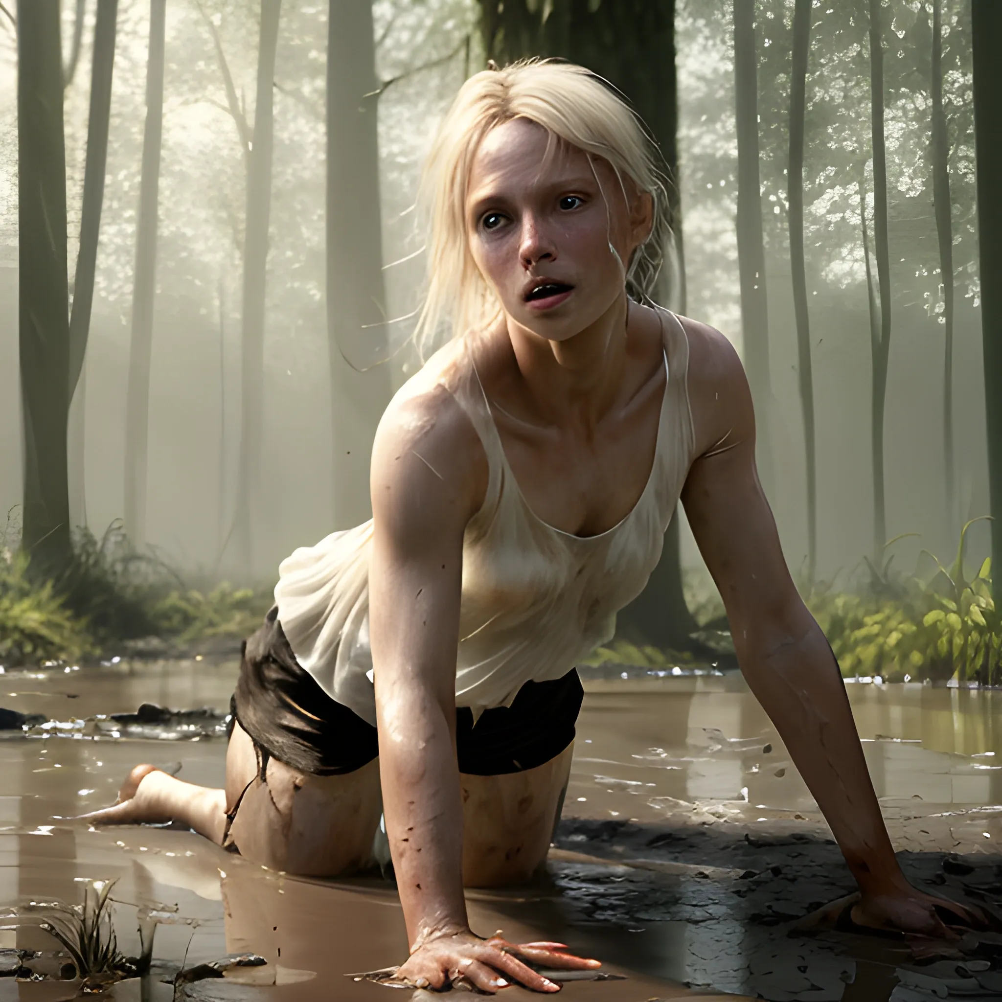 A fair-skinned woman, crawling slowly out of the muddy swamp, in a dark, late-afternoon setting, with few rays of sunlight breaking through the trees. Her blond hair, short and damp, falls over her face as she struggles to get free. Wearing delicately soiled white silk shorts and a sheer white silk top, the ambient light reveals the sheer texture of the fabric in contrast to her skin. Soft light tones enhance her figure, while dancing shadows add a dramatic touch to the scene. Every detail is rendered hyper-realistically, capturing the beauty and intensity of the moment. The image is a cinematic masterpiece, with high resolution, vibrant colors and high contrast, providing an immersive visual experience in 8k, HDR and 500px. Created by Koos Roos