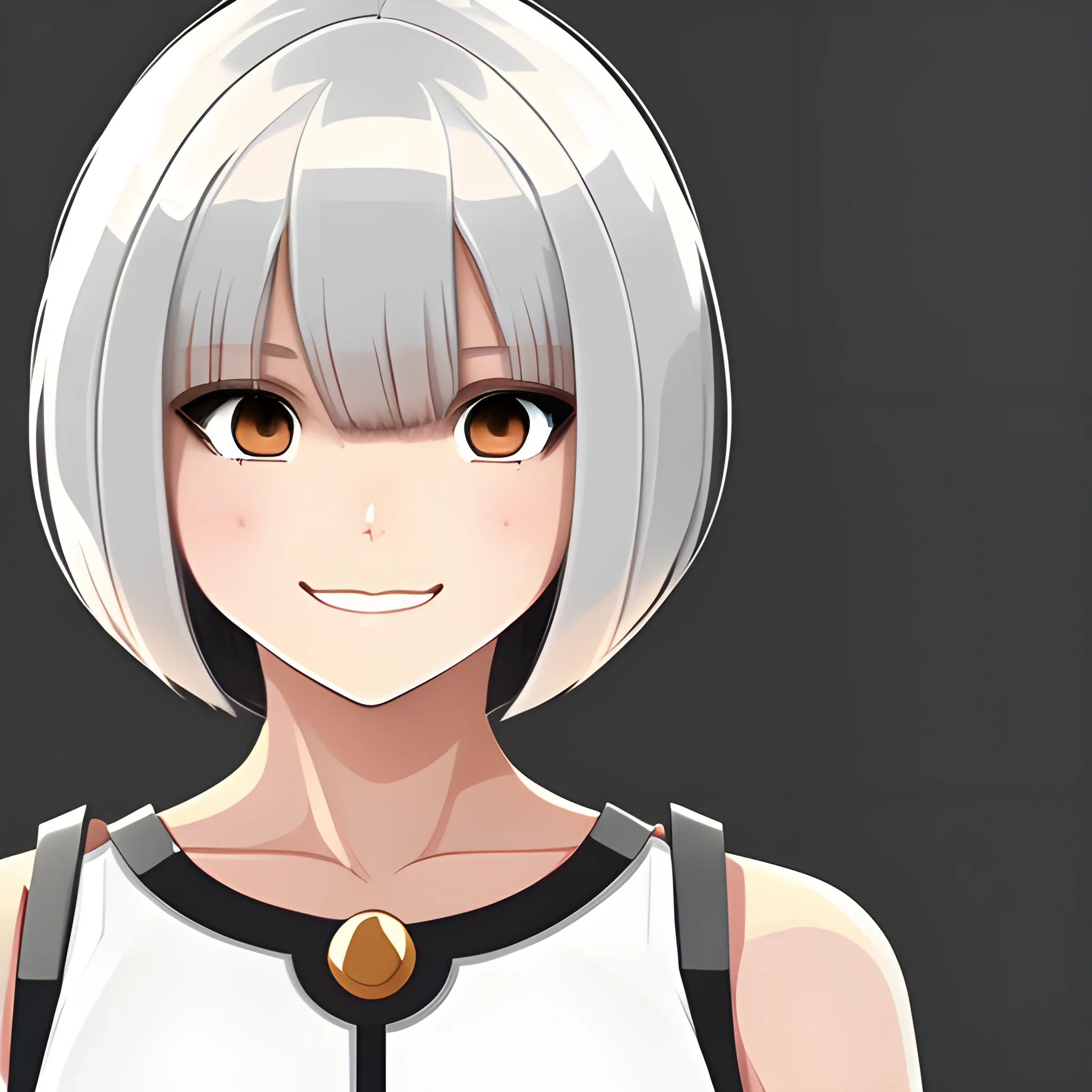 Woman, white clothes with brown borders, warrior, anime, detail, bob cut hair, complete body, anime style, light smile