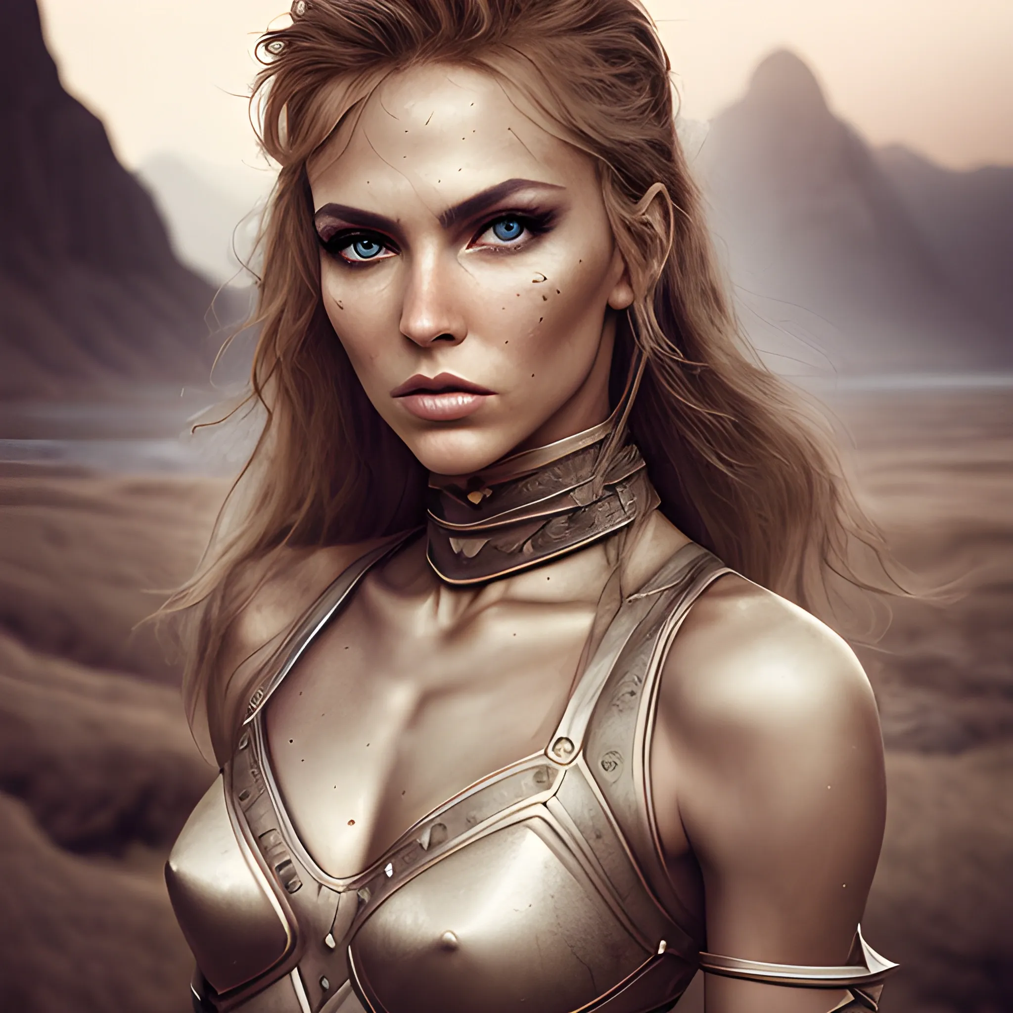 Slim, Star Warrior, perky, feminine, smoldering look, perfect composition, beautiful, sharp focus, hyperdetailed, naturalistic photograph, by a famous landscape photographer