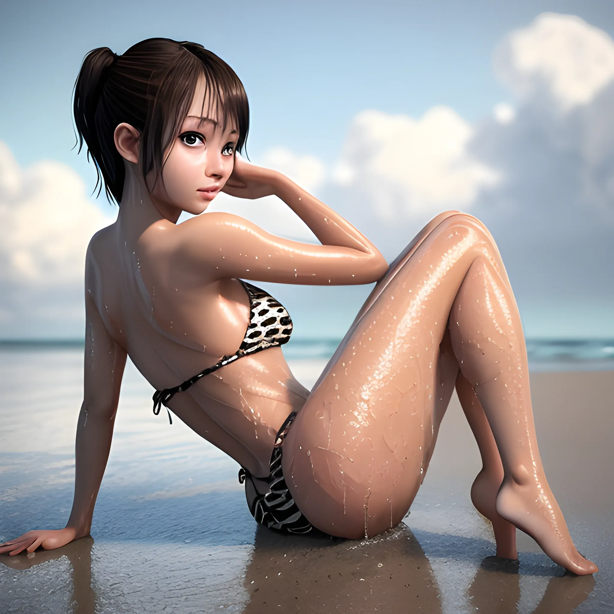 best quality, masterpiece, ultra high res, (photorealistic:1.4), RAW photo,professional lighting, physically-based rendering, very cute,very beautiful,detailed skin, big eyes, ,Japanese idol (Japanese actress), short hair,dark brown hair,asymmetrical hair,hair over one eye,  full body shot from front,looking at viewer,wet skin, dark skin, sexy pose,chilloutmix,bare  foot,glamor,narrow waist,long legs, sweaty,20yo,back view,beach,animal print bikini,angelic smile