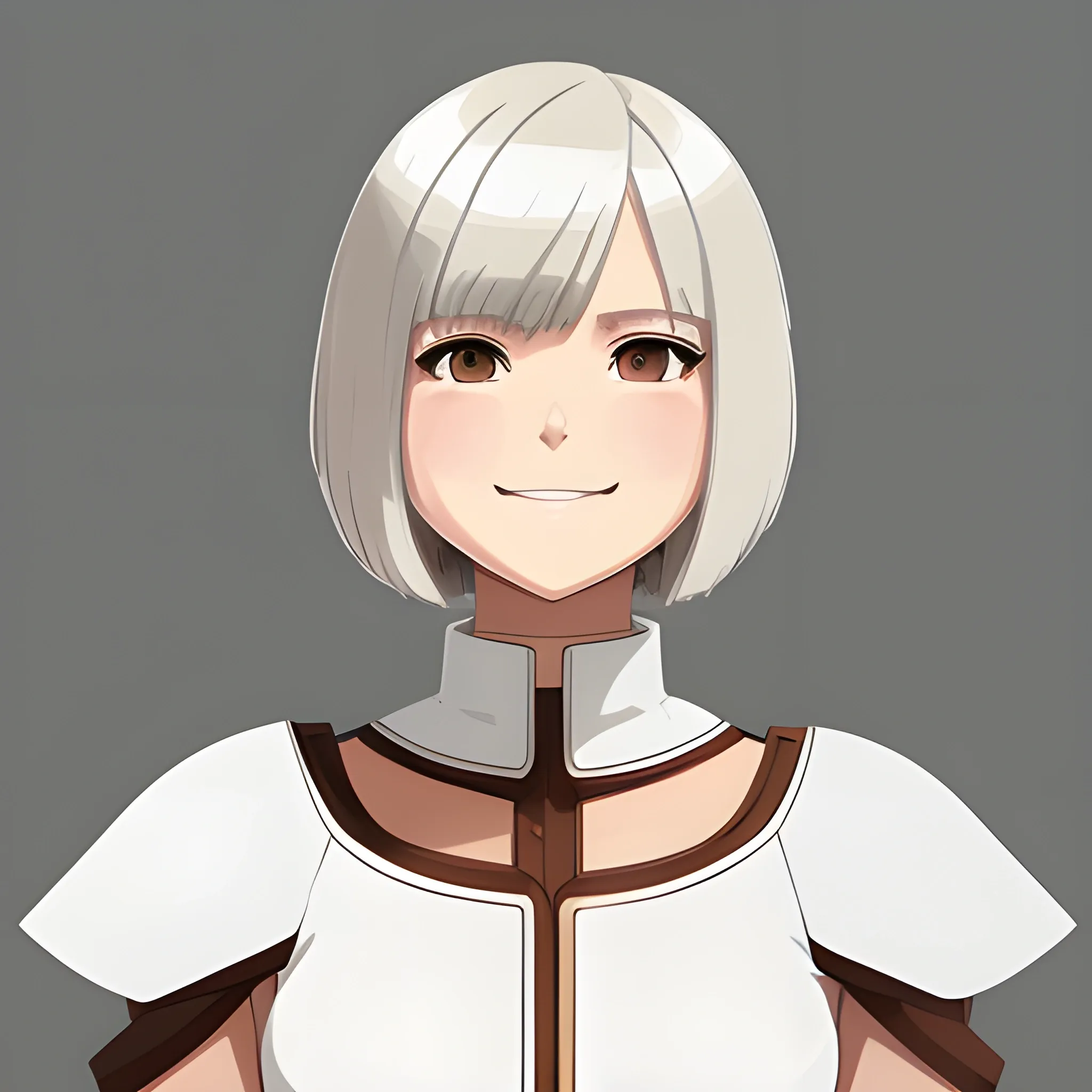 Woman, white clothes with brown borders, warrior, anime, detailed, bob cut hair, complete body, anime style, light smile