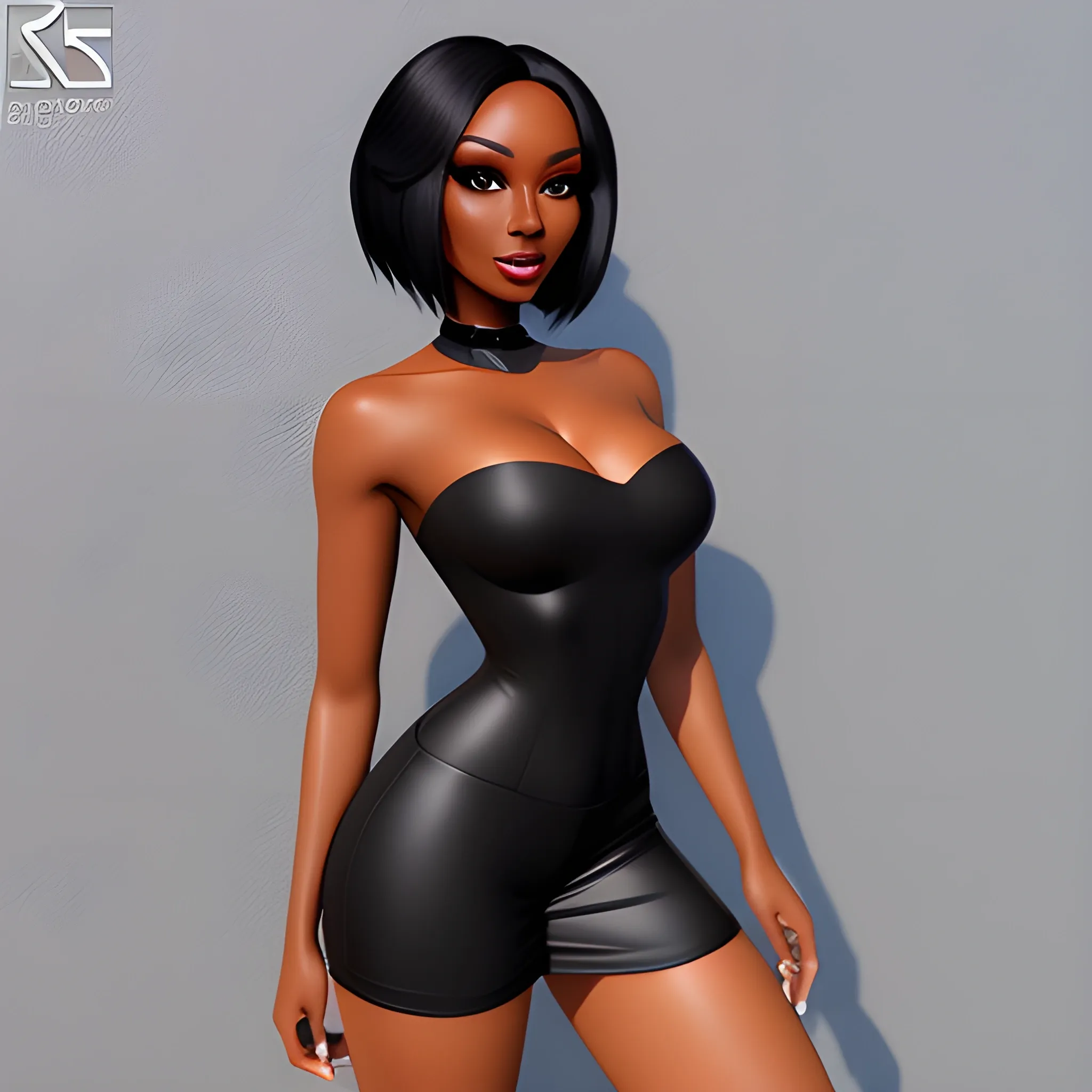A beautiful girl called Kizzy, 3D, short black hair, dark brown skin , with no makeup , with a nice outfit 