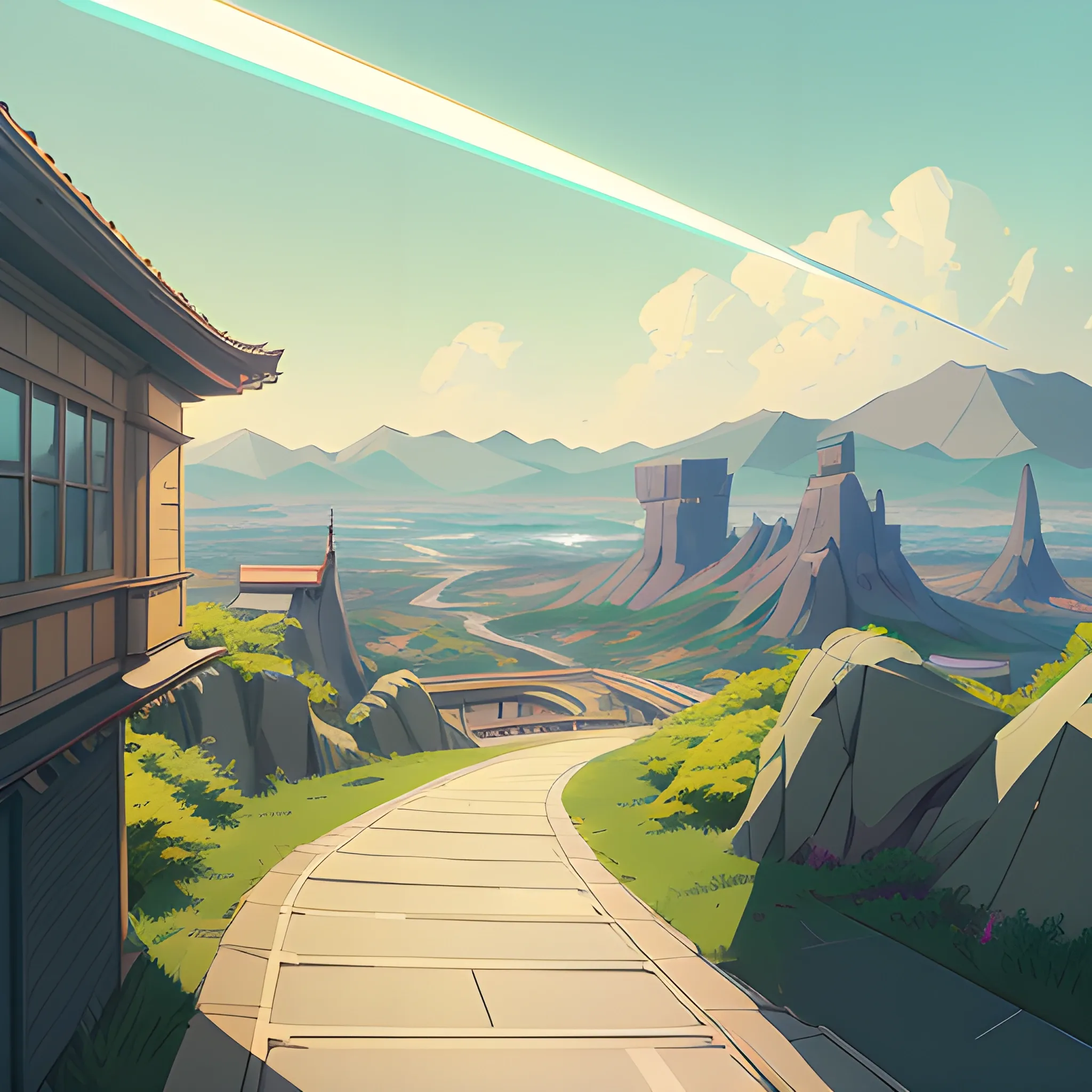 high school, distant view,sharply detailed, highly stylized anim