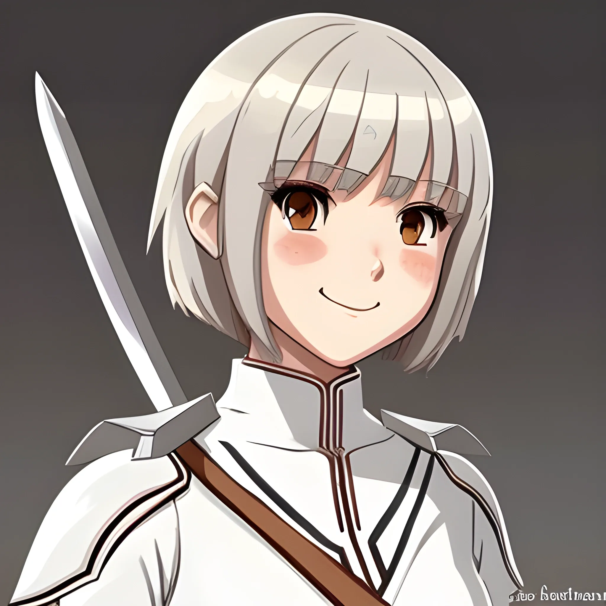 Woman, white clothes with brown borders, warrior, anime, detailed, bob cut hair, complete body, anime style, light smile, archer