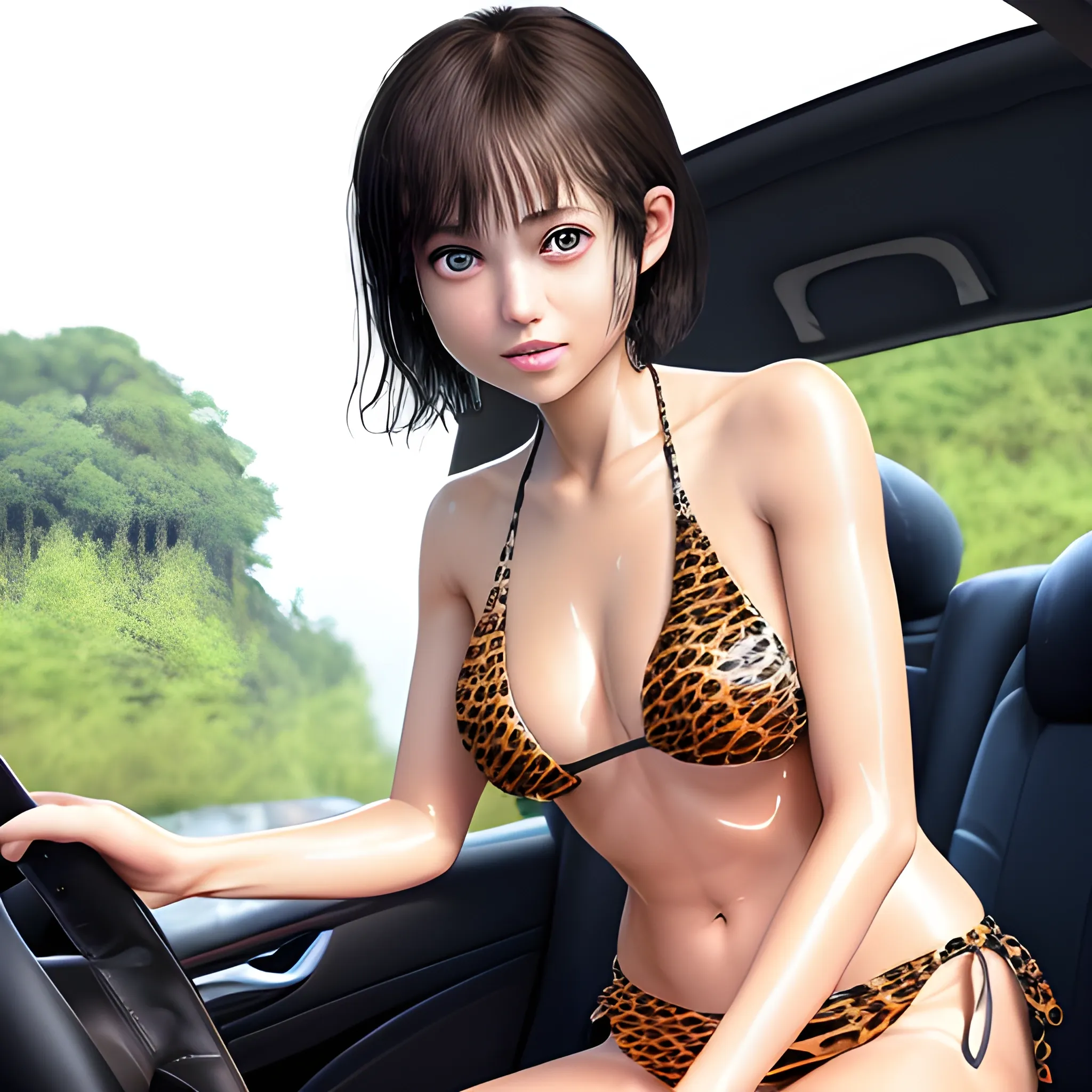 best quality, masterpiece, ultra high res, (photorealistic:1.4), RAW photo,professional lighting, physically-based rendering, very cute,very beautiful,detailed skin, big eyes,(glamor),long legs,Japanese idol (Japanese actress), short hair,dark brown hair,asymmetrical hair,hair over one eye,  ((full body shot from front)),looking at viewer,wet skin, tanline, sexy pose,bare  foot,narrow waist, 20yo,in the car,sweaty,(animal print bikini),(skindantation),angelic smile, no extra_legs