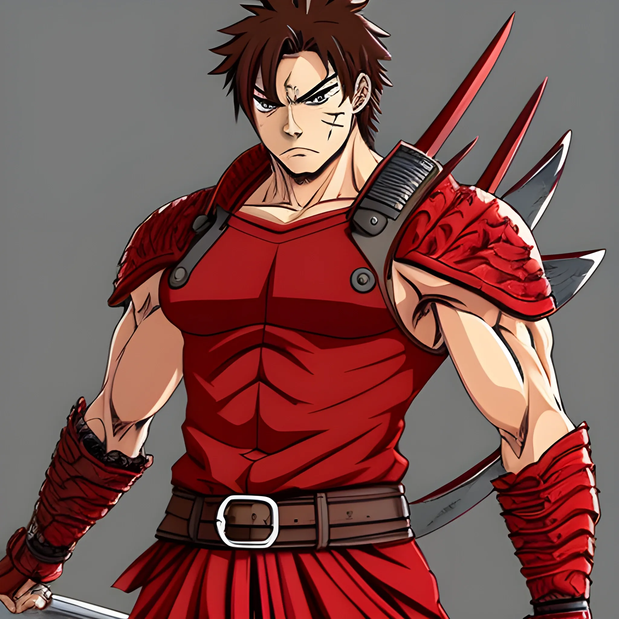 Man, red clothes, warrior, figther, anime, detailed, complete body, anime style, furious, brown hair