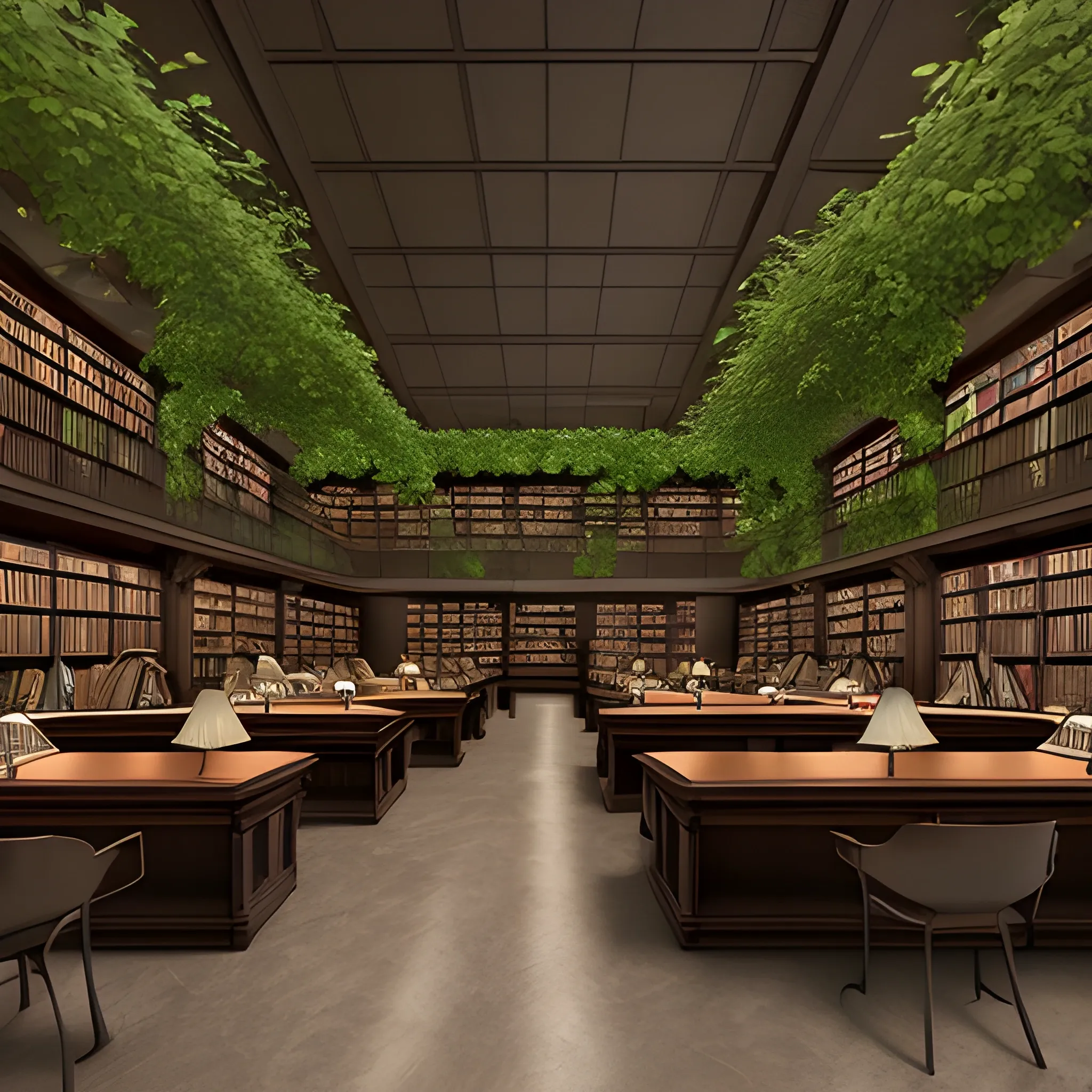 realistic dark brown public library with a lot of vegetation
