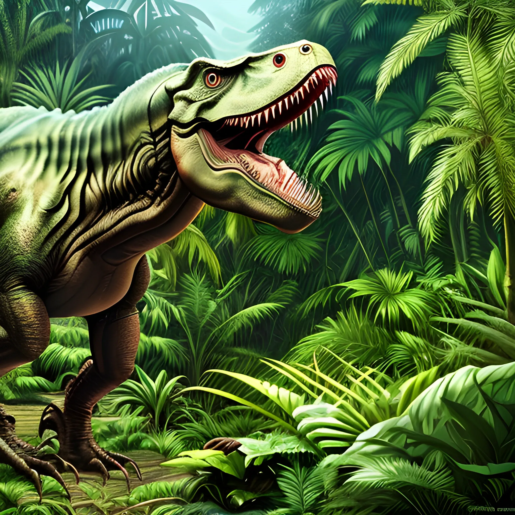 a tyrannosaurus rex in the middle of a lush jungle