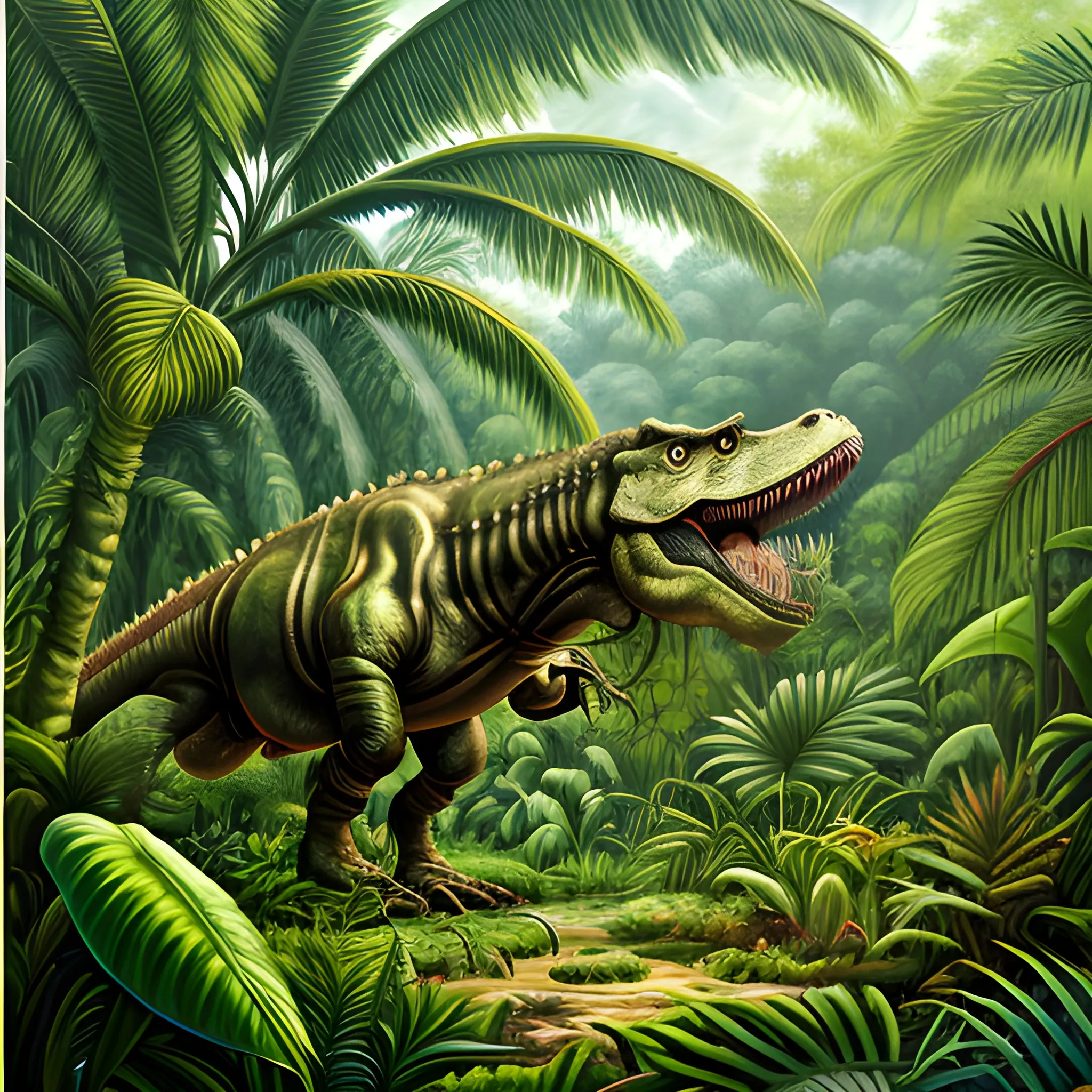 a tyrannosaurus rex in the middle of a lush jungle, Oil Painting, Oil Painting