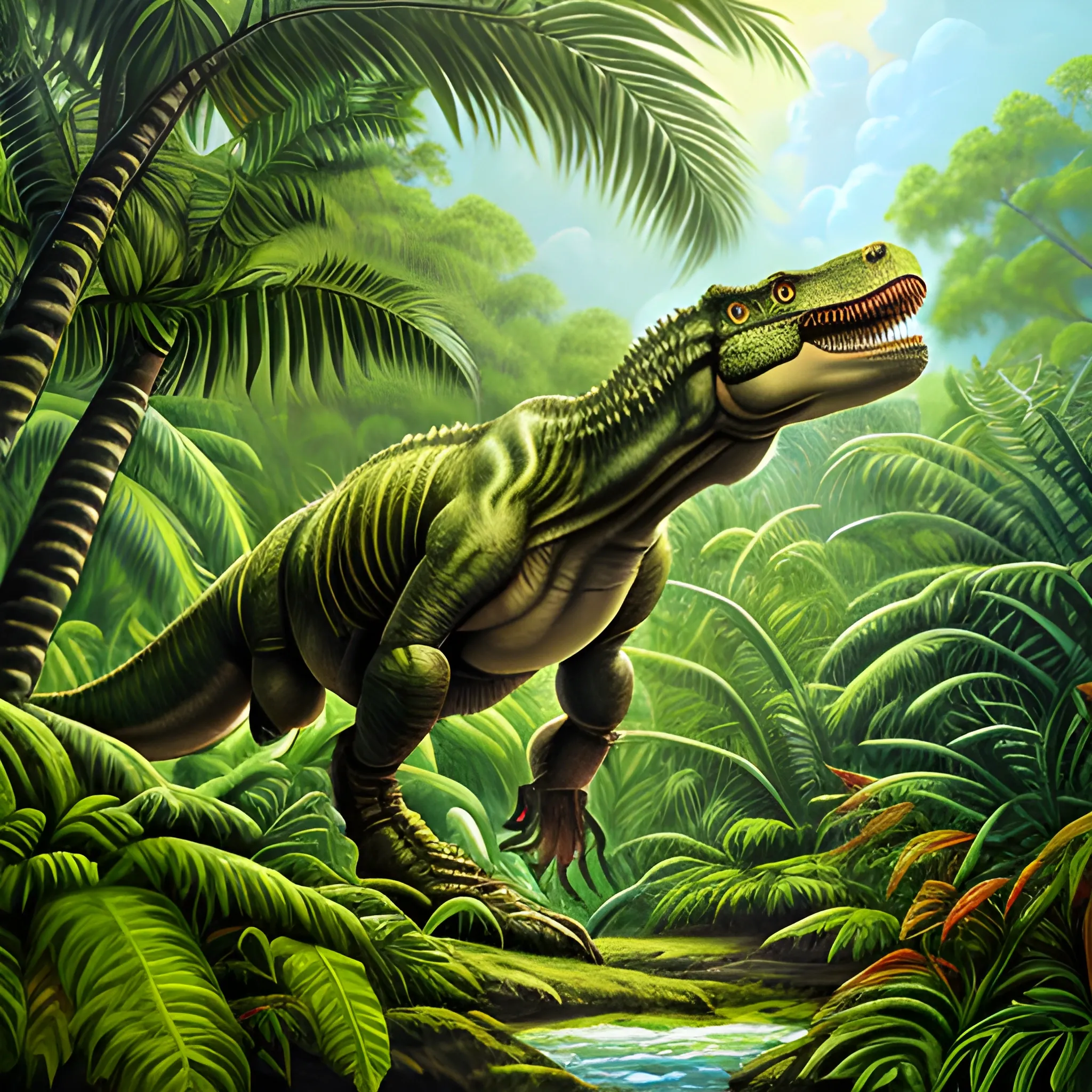 a tyrannosaurus rex in the middle of a lush jungle, Oil Painting