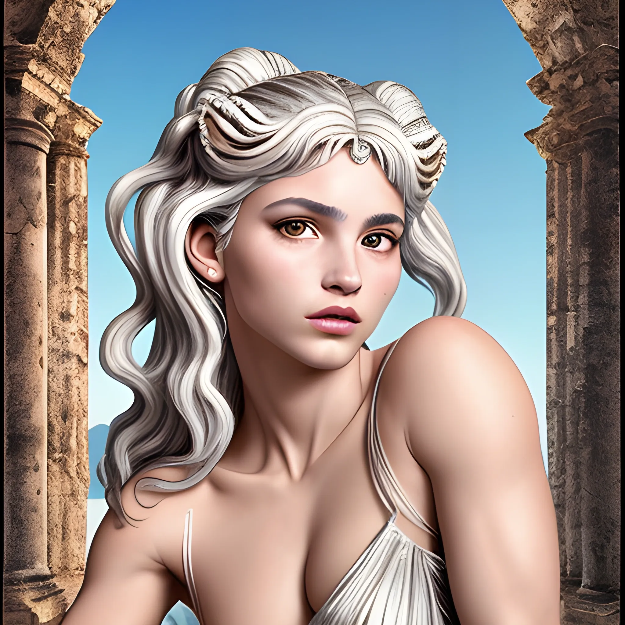 venus, diosa, griega, cuerpo completo, ropa griega, cabello ondulado, ojos claros, ojos brillantes, tes clara, hiperrealismo