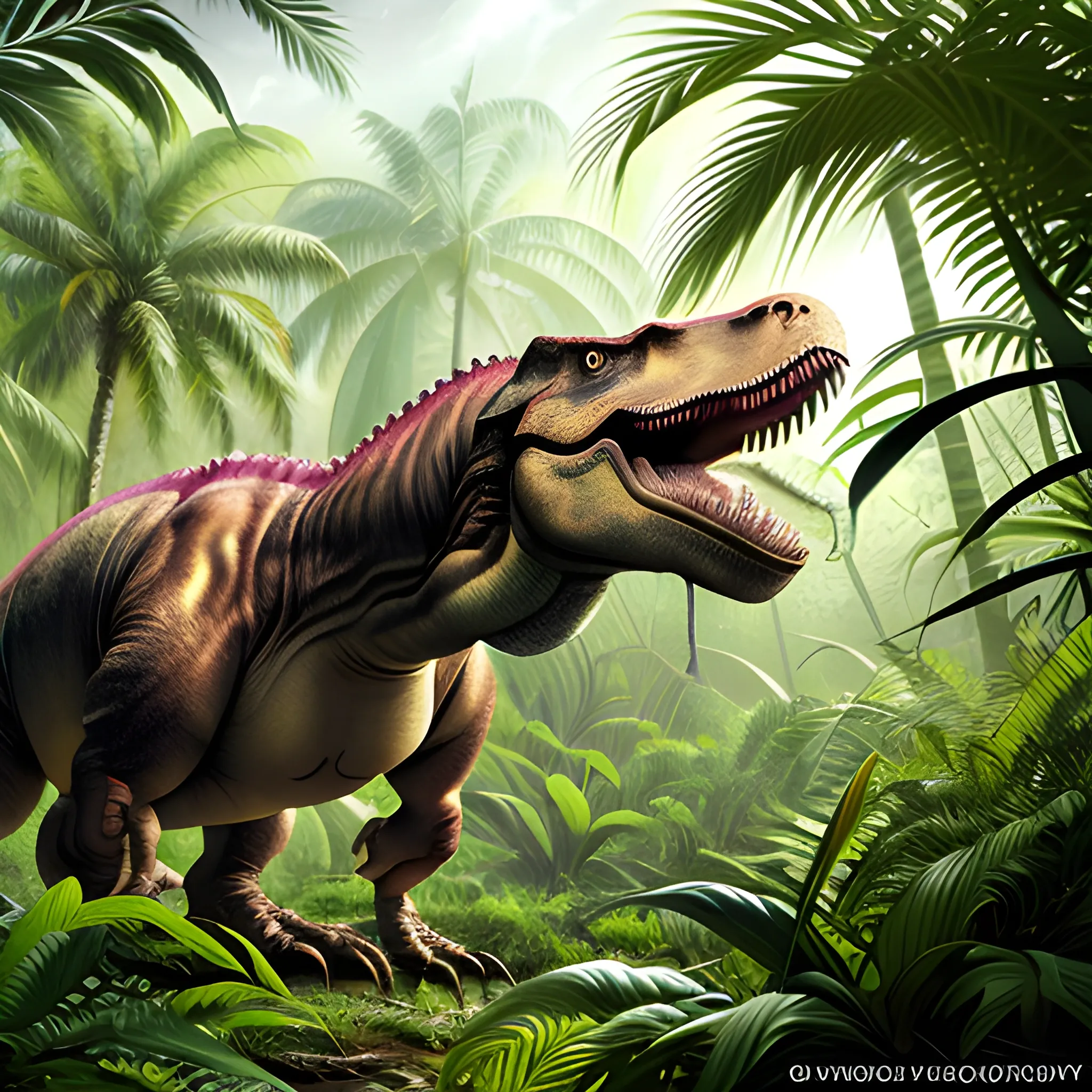 a hyper realistic image of a tyrannosaurus rex in the middle of a lush jungle