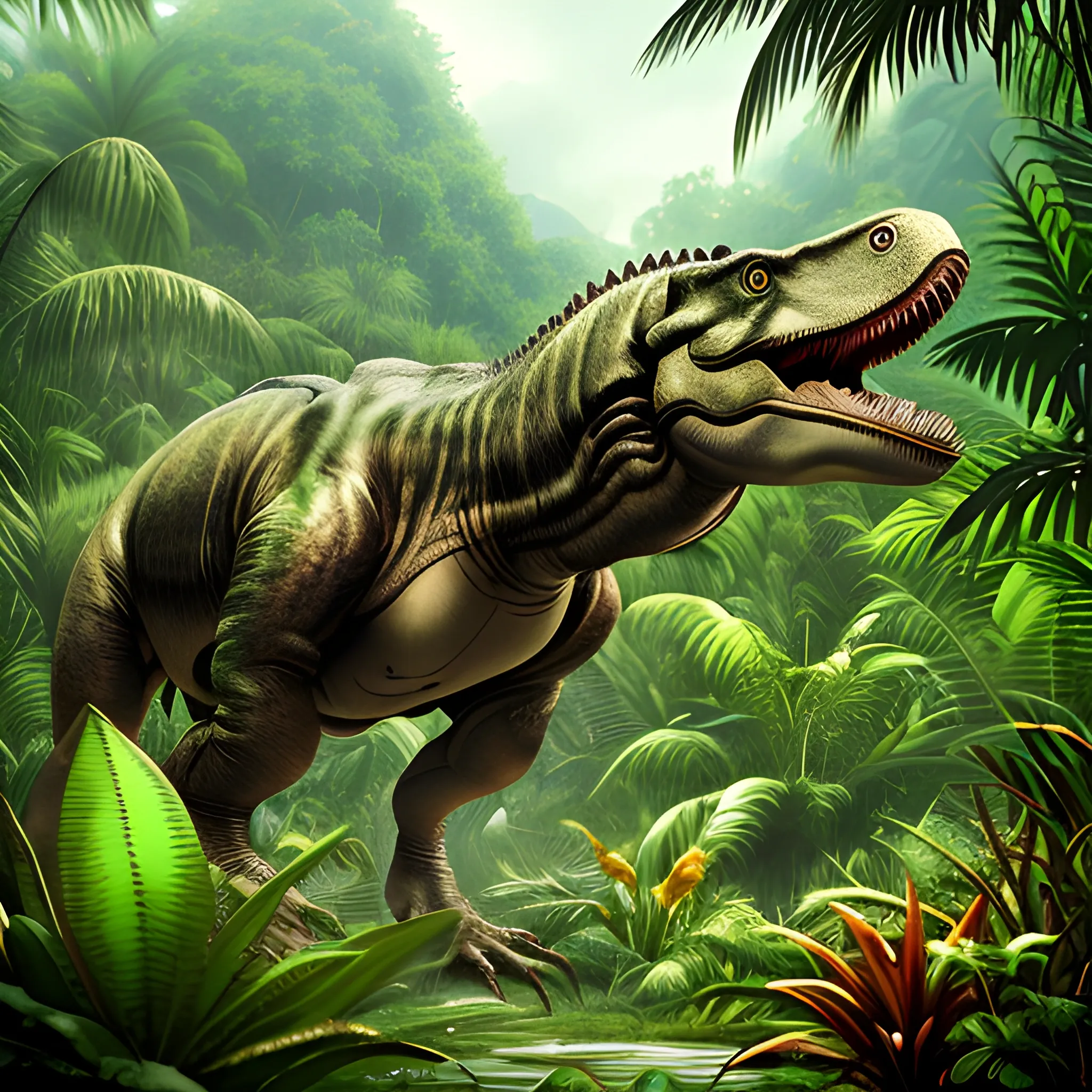 an image of a tyrannosaurus rex in the middle of a lush jungle