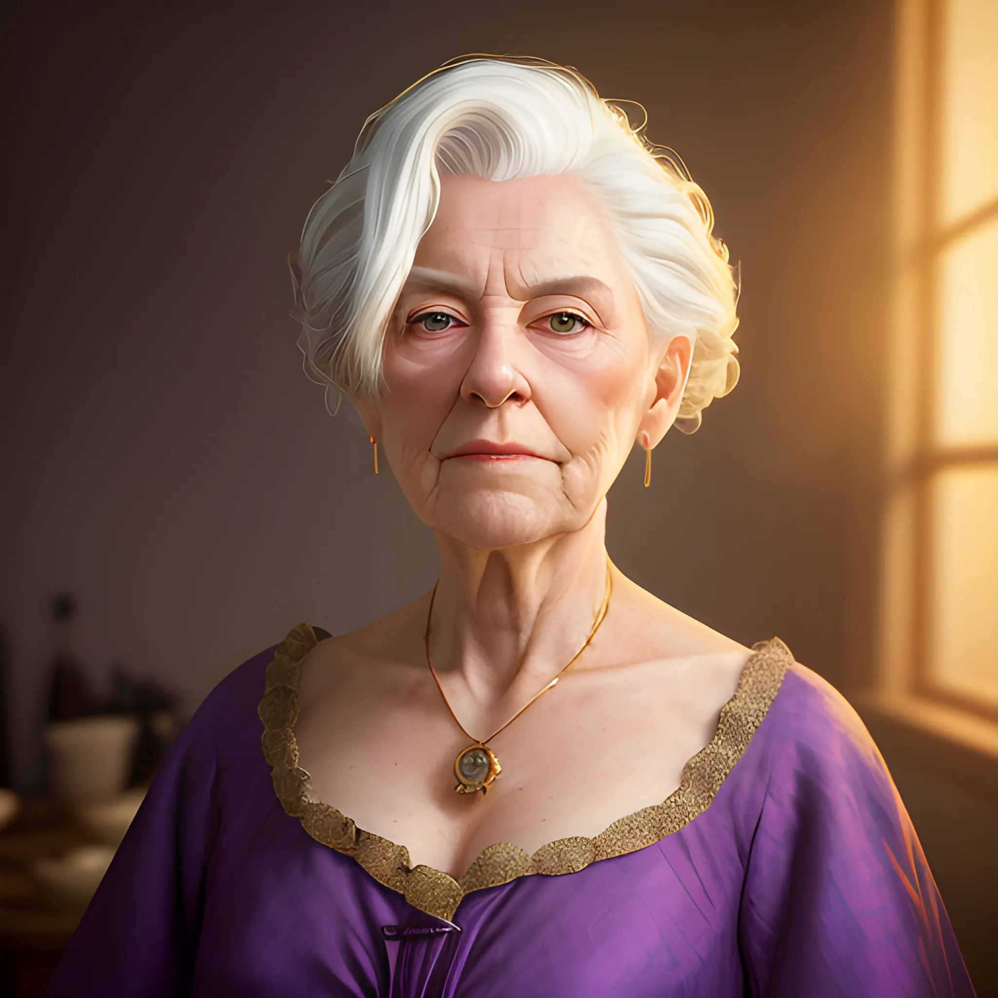 a photorealistic image of a WOMAN in his 90s, WHITE hair, a goatee, golden hour, looking to the left of the camera, above shoulder Depth of field 270mm, deep purple lighting, midweight Butters Stotch, wearing Figurative [Regency|Reiwa Era] Gator skin OLD DRESS, studio lighting, Sony A7, Lens Flare, Rembrandt lighting, F/2.8, (high quality) , (detailed) , (masterpiece) , (best quality) , (highres) , (extremely detailed) , (8k)