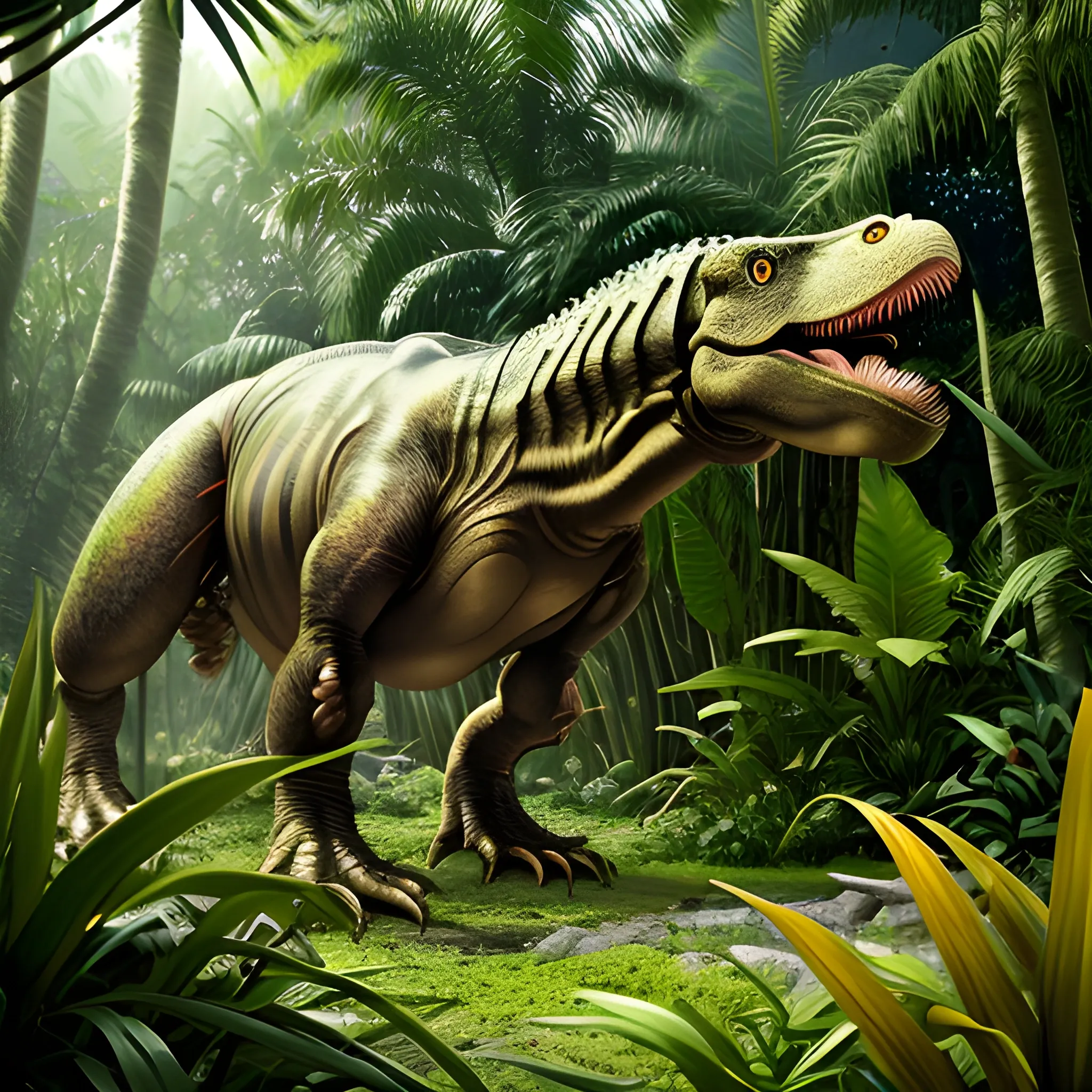 an image of a tyrannosaurus rex in the middle of a lush jungle, hyper-realistic, 8k