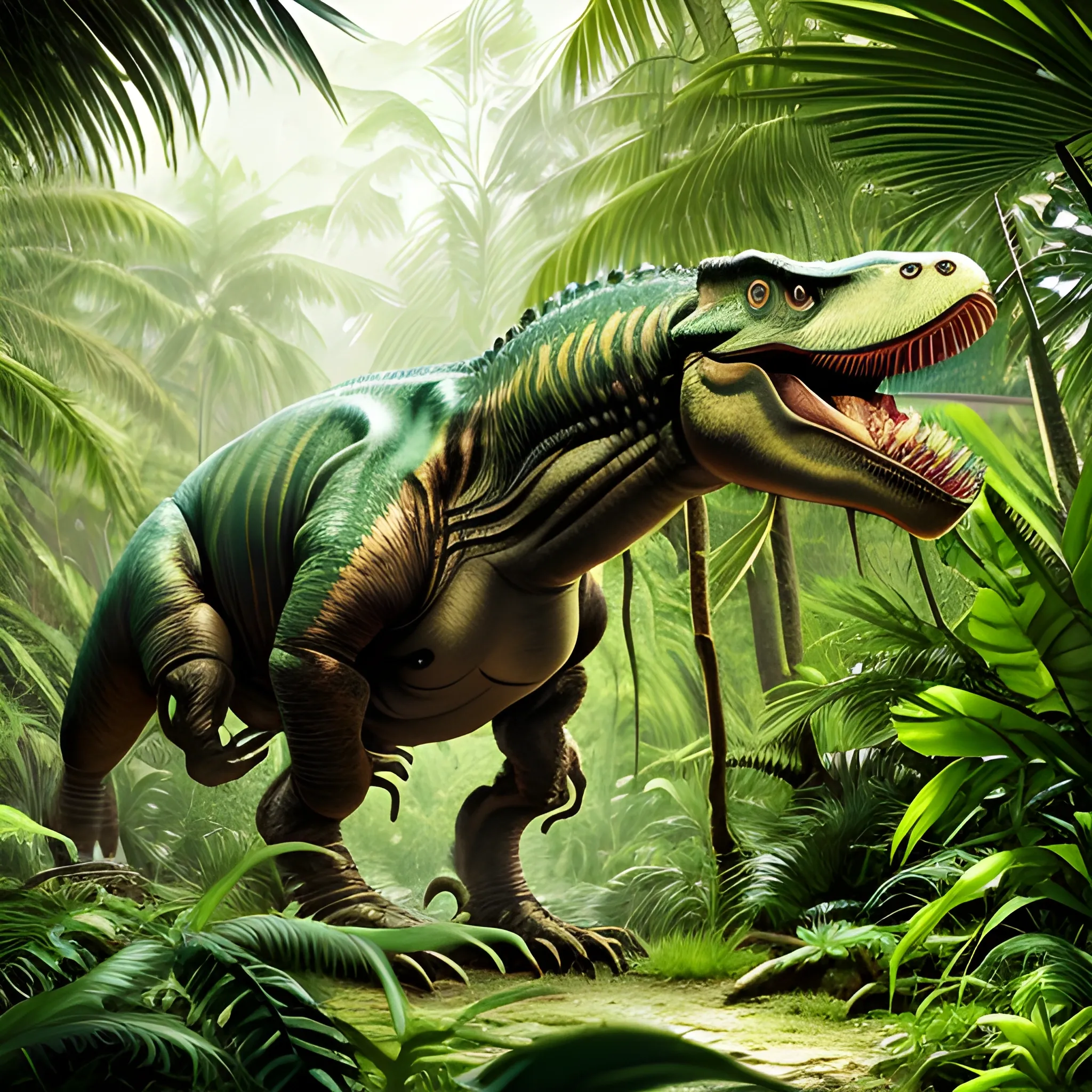 an image of a tyrannosaurus rex in the middle of a lush jungle, hyper-realistic, 8k, no extra legs