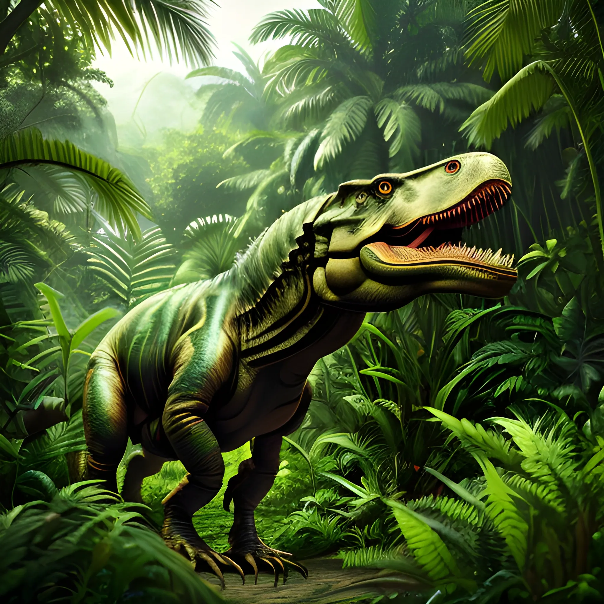 an image of a tyrannosaurus rex in the middle of a lush jungle, photo-realistic, 8k