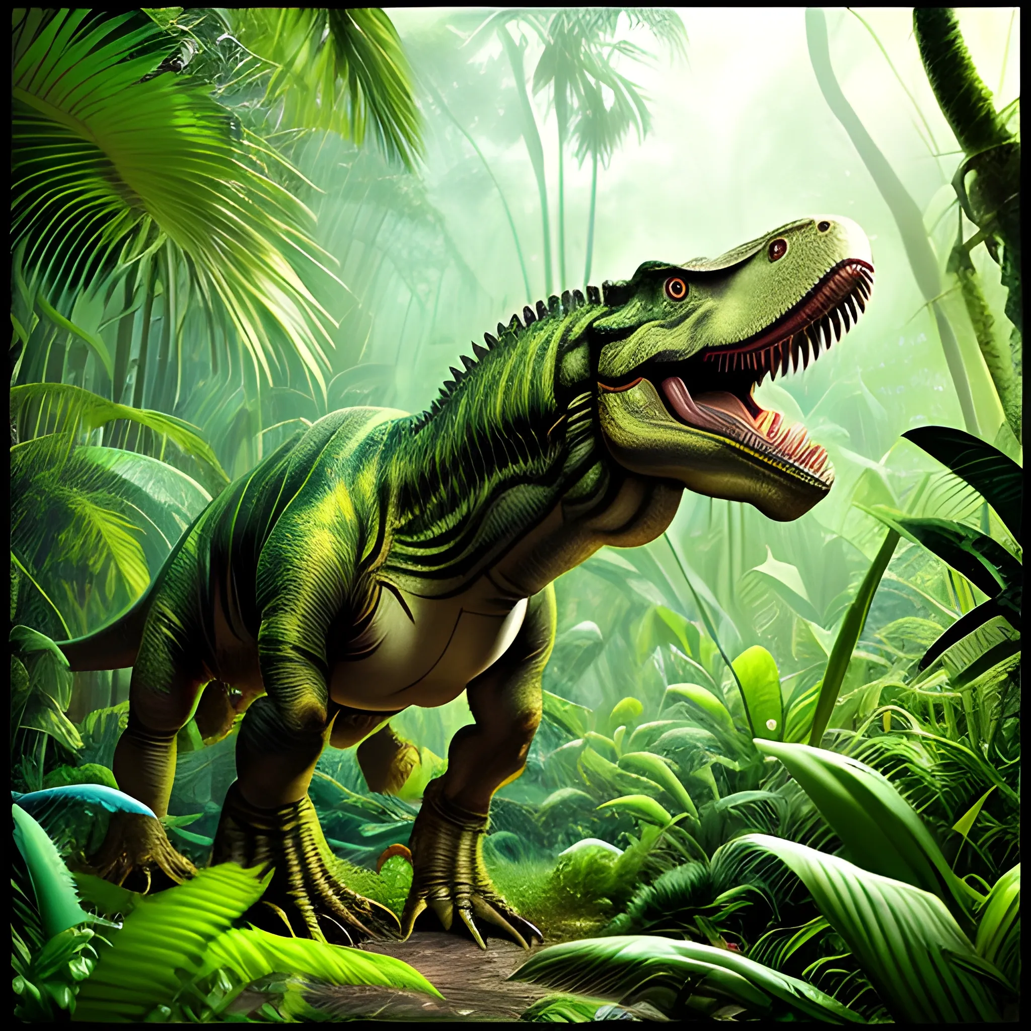 an image of a tyrannosaurus rex in the middle of a lush jungle, photo-realistic, 8k, Trippy