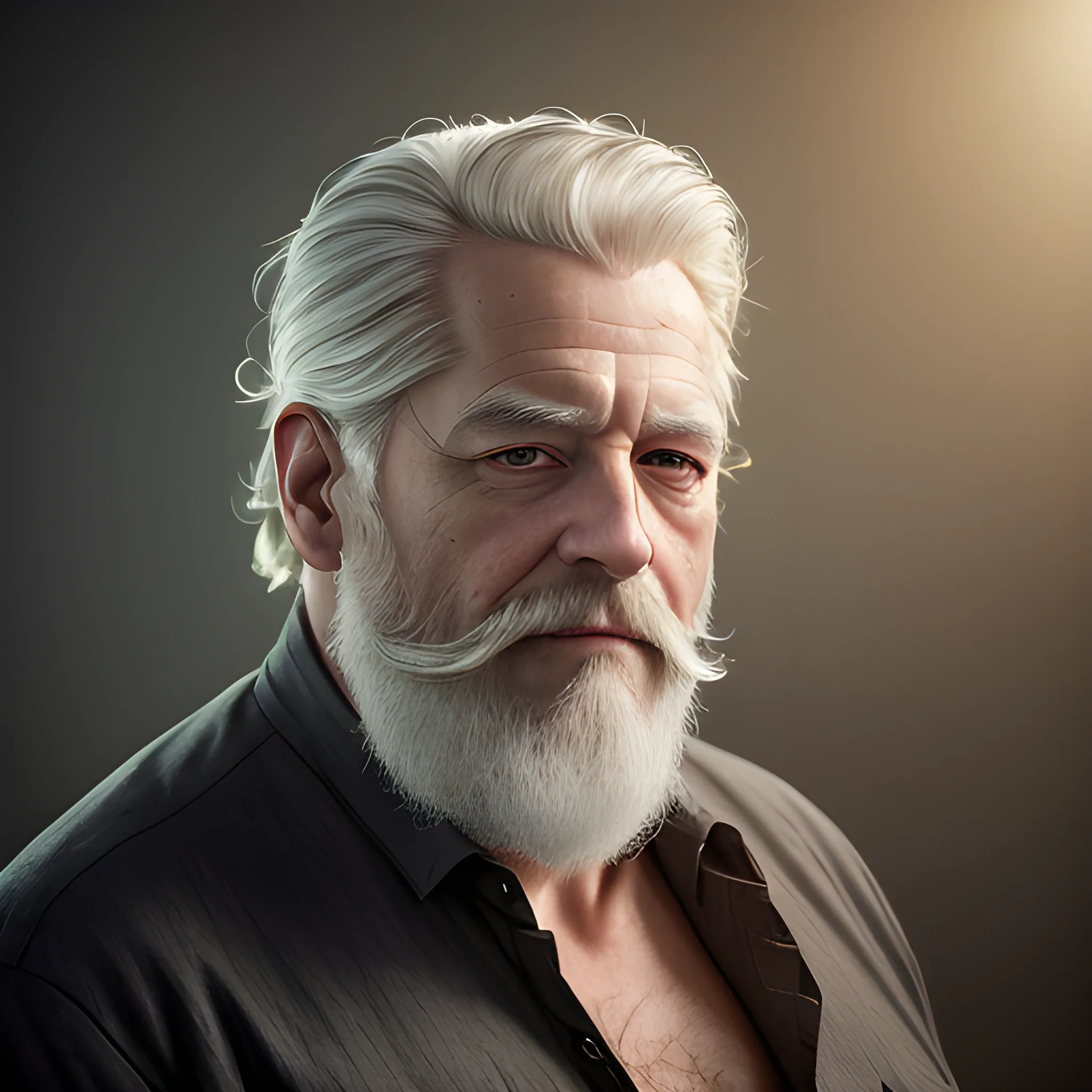 a photorealistic image of a MAN in his 65s, WHITE AND GREY hair, STYLE PADLOCK BEARD, golden hour, ROBUST, looking to the left of the camera, above shoulder Depth of field 270mm, deep purple lighting, midweight Butters Stotch, wearing Figurative [Regency|Reiwa Era] Gator skin BLACK SHIRT, studio lighting, Sony A7, Lens Flare, Rembrandt lighting, F/2.8, (high quality) , (detailed) , (masterpiece) , (best quality) , (highres) , (extremely detailed) , (8k)