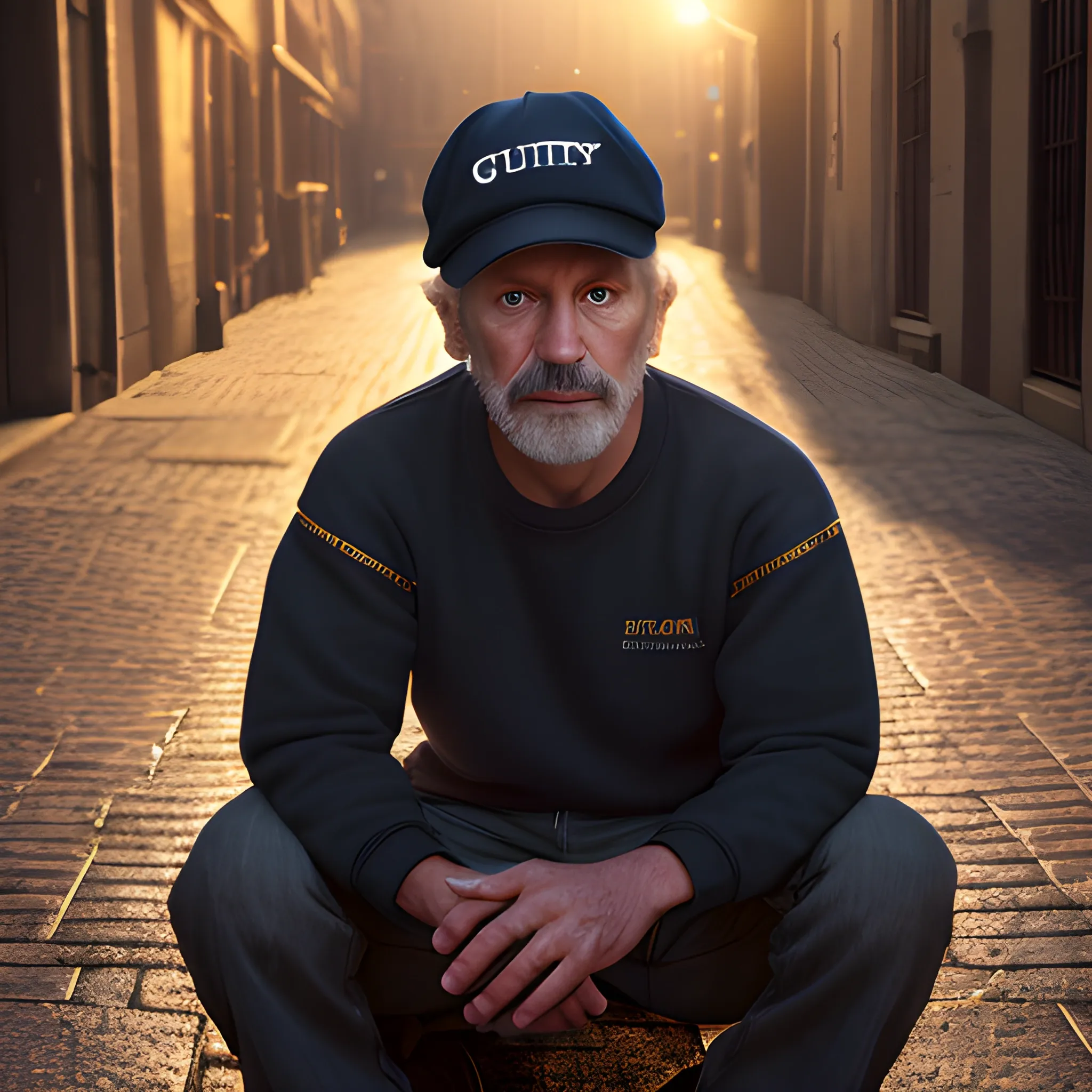 a photorealistic image of a MAN in his 40s, by night, sitting on the ground, begging, sweatshirt with cap, at the end of a dark alley golden hour, ROBUST, above shoulder Depth of field 270mm, deep purple lighting, midweight Butters Stotch, wearing Figurative [Regency|Reiwa Era] Gator skin BLACK SHIRT, studio lighting, Sony A7, Lens Flare, Rembrandt lighting, F/2.8, (high quality) , (detailed) , (masterpiece) , (best quality) , (highres) , (extremely detailed) , (8k)