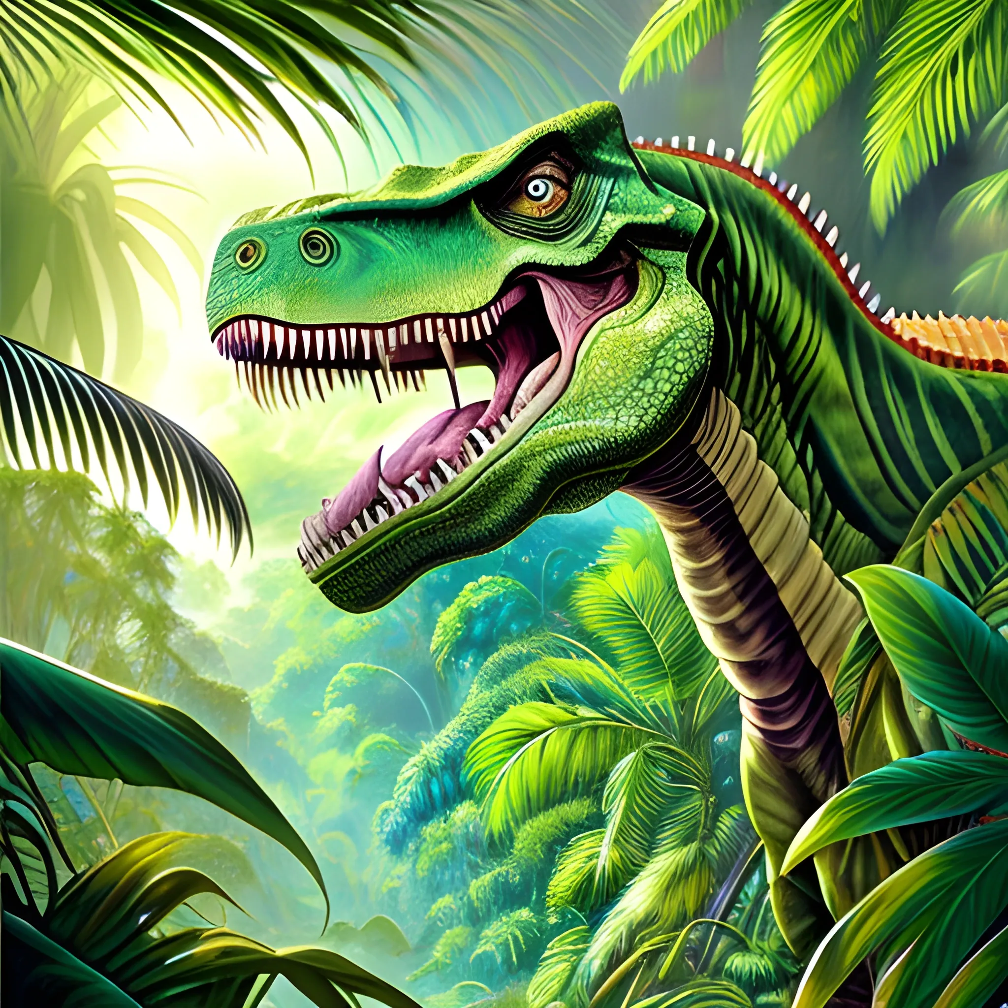 A breathtaking painting capturing the glory of a green tyrannosaurus rex from Jurassic Park in a lush jungle, radiant colors, beautiful and intricate details.