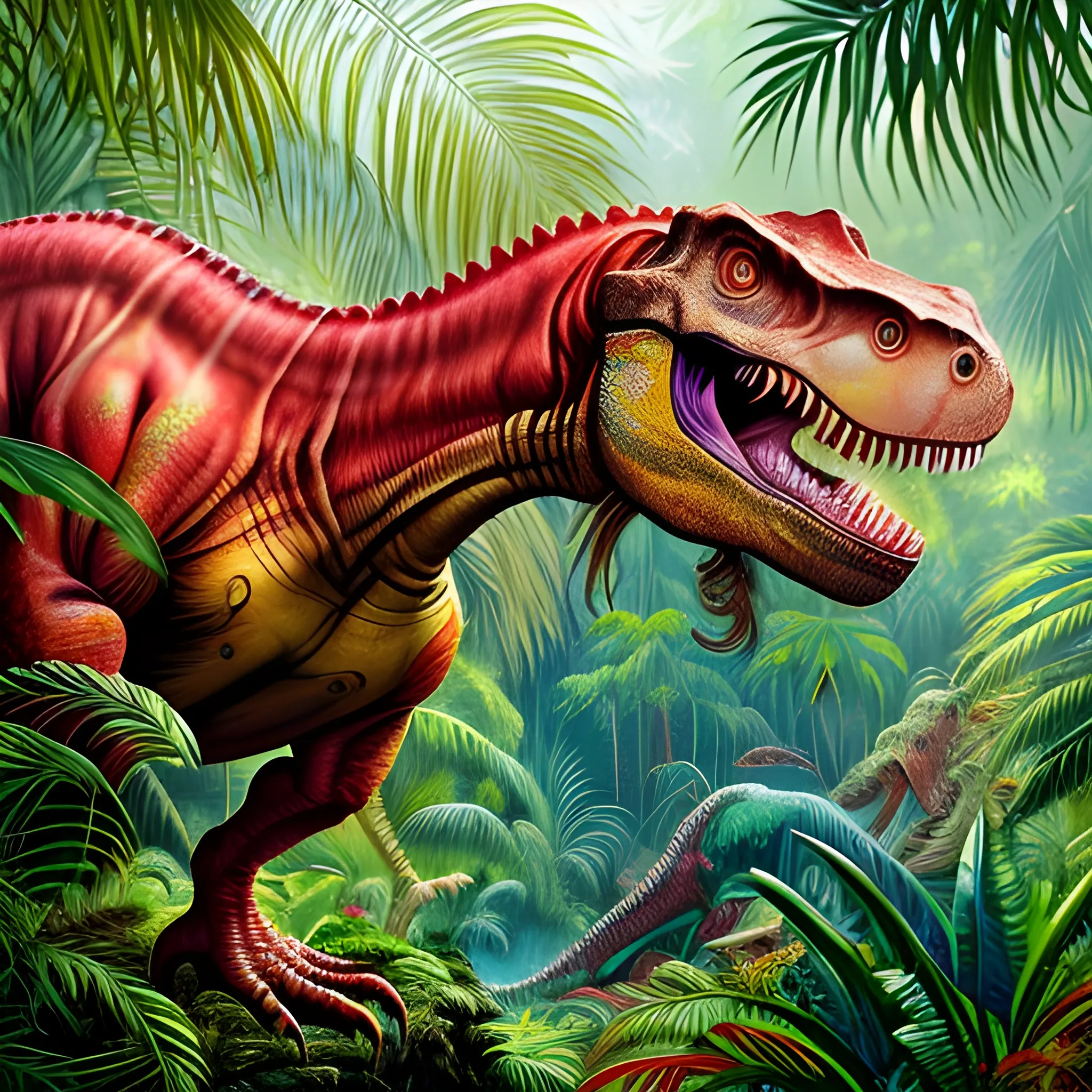 A breathtaking painting capturing the glory of one single red tyrannosaurus rex from Jurassic Park in a lush jungle, radiant colors, beautiful and intricate details.