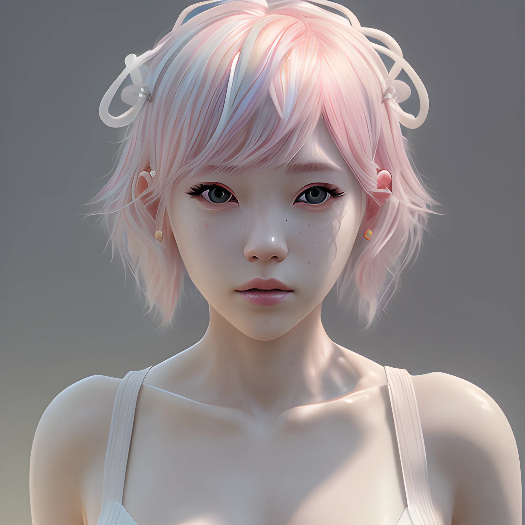 Best Quality, Masterpiece, Ultra HD, Realism, Skin Detail, Korean, Bangs, semi Short Hair, Light white Pink Hair Color, up body, close up, wear croptop, mermaid rainbow, bride crown, Beautiful Lighting, Dynamic Lighting, Zbrush Sculpt