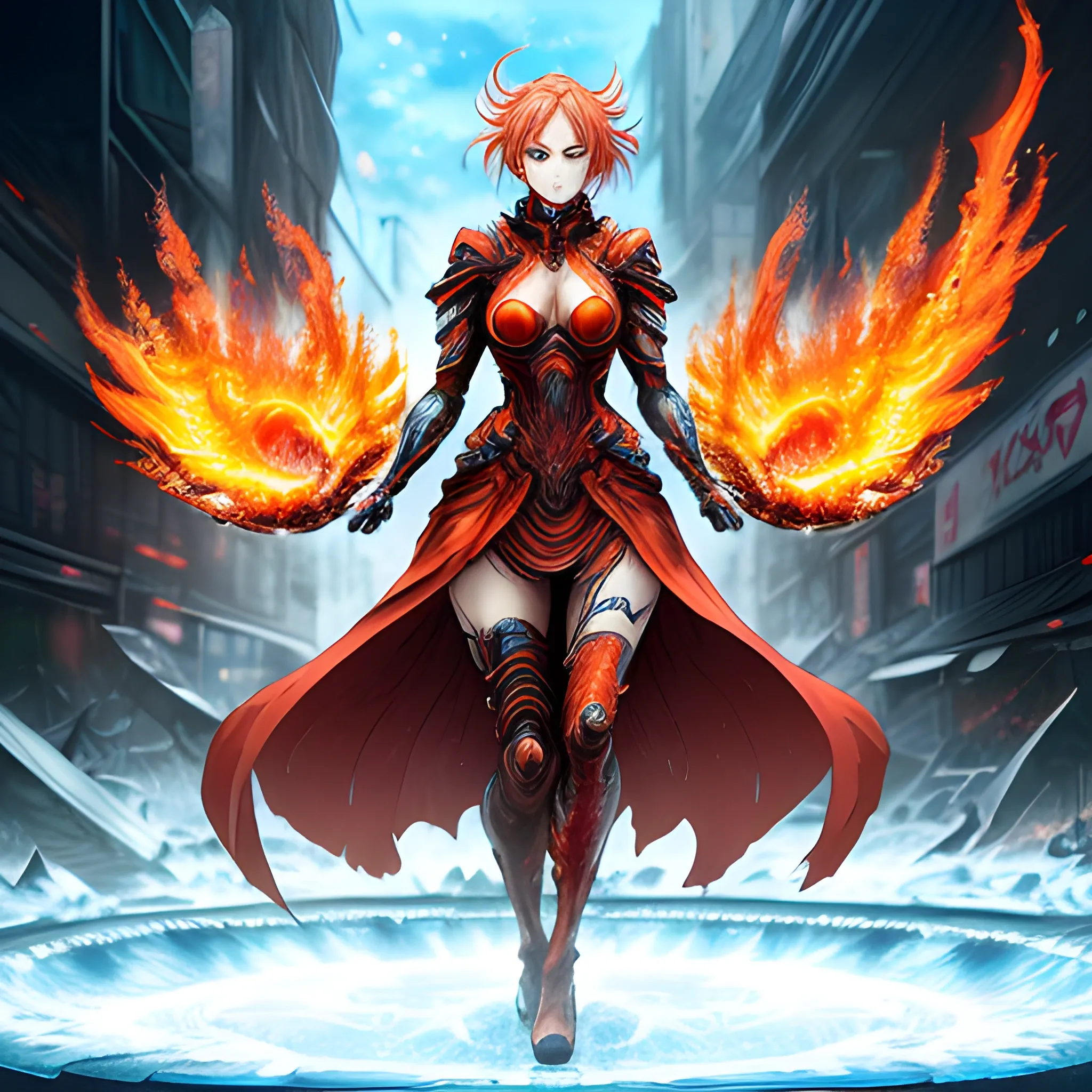 advanced digital anime art, a very cute gorgeous teenage girl made of fire and ice with red fiery watery eyes glancing over her left shoulder wearing a dress made of water is standing in an apocalyptic burning city, full body, full round face, dramatic cinematic lighting, highly intricately detailed, trending on pixiv, Artstation, painted by Rossdraws and the style of Sakimimichan