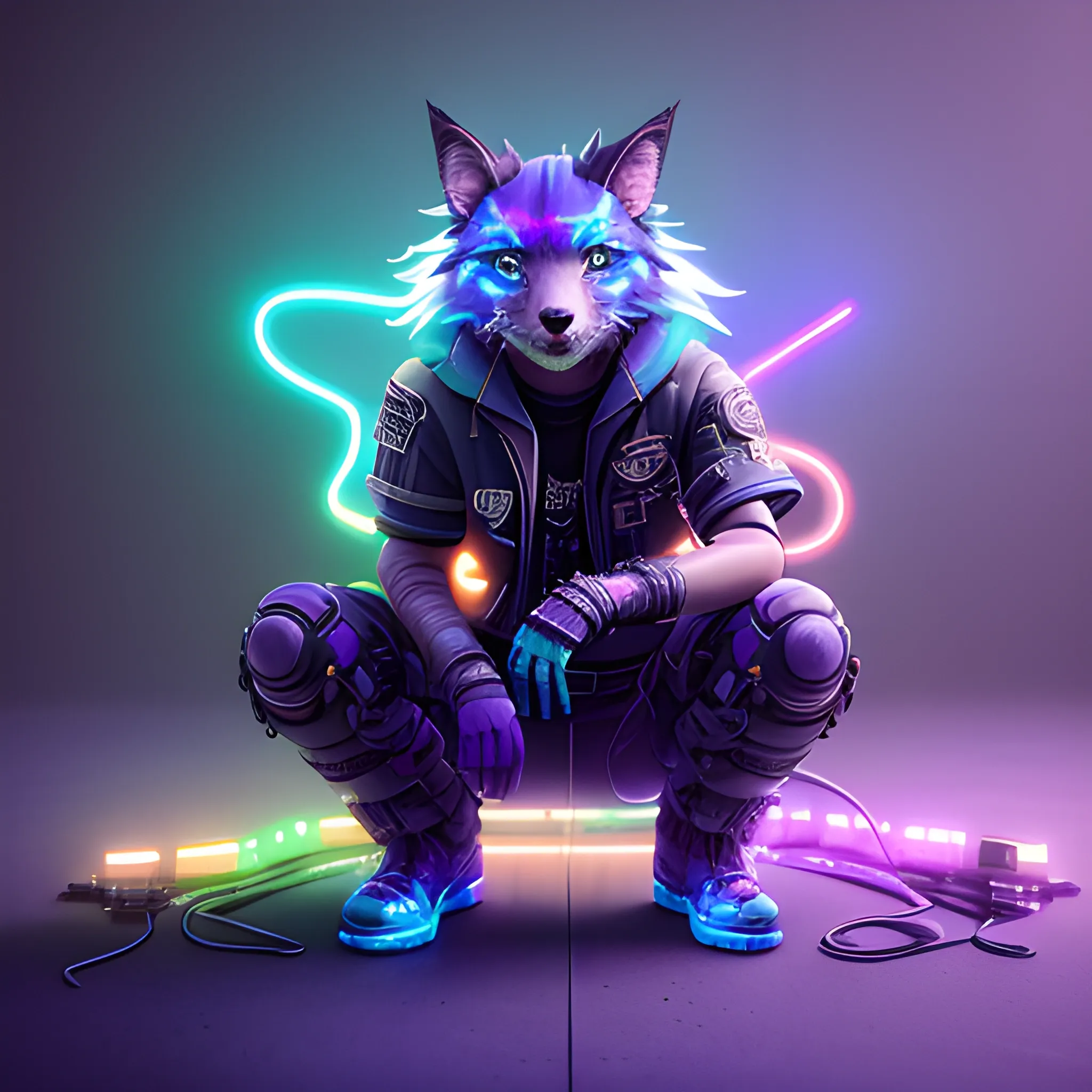 a beautiful full body of a cute cyberpunk fluffy Male with bioluminescent fur and bioluminescent tail, industrial background, by sandra chevrier and greg rutkowski and wlop, purple blue color scheme, vaporware, retro, outrun, high key lighting, volumetric light, digital art, highly detailed, fine detail, intricate, ornate, complex, octane render, unreal engine, photorealistic 