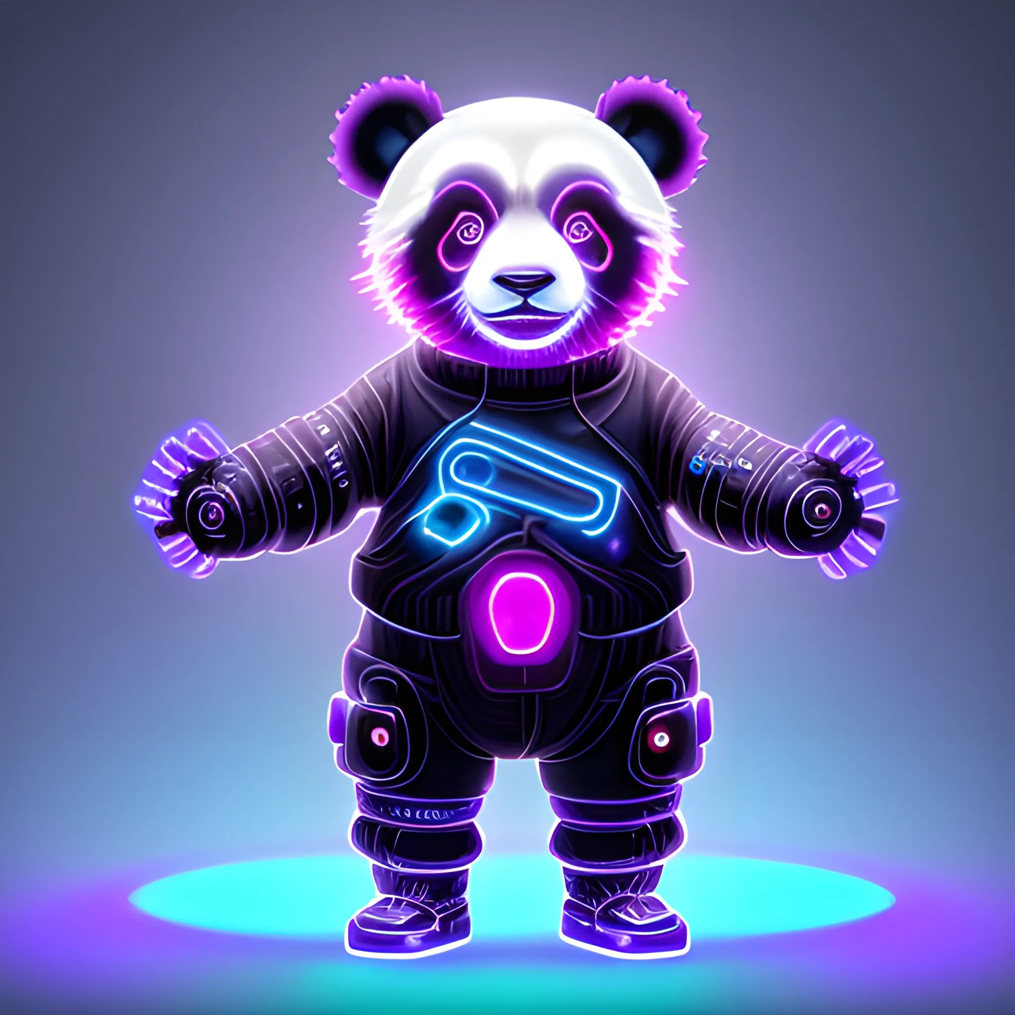 a beautiful full body of a cute cyberpunk panda with bioluminescent fur and bioluminescent tail, industrial background, purple blue color scheme, vaporware, retro, outrun, high key lighting, volumetric light, digital art, highly detailed, fine detail, intricate, ornate, complex, octane render, unreal engine, photorealistic 