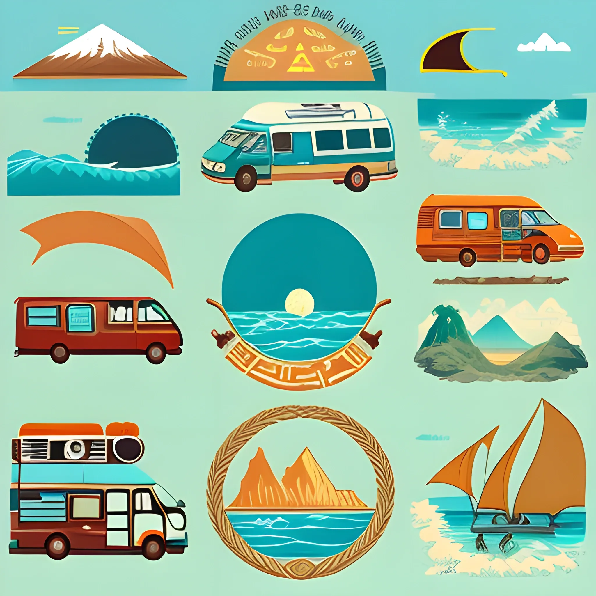 create hieroglyphs to represent van travel, adventure, ocean, waves, camping, travel
