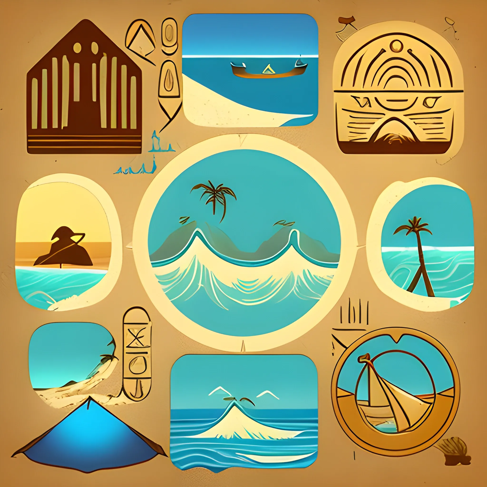 create hieroglyphs to represent travel, adventure, ocean, waves, camping
