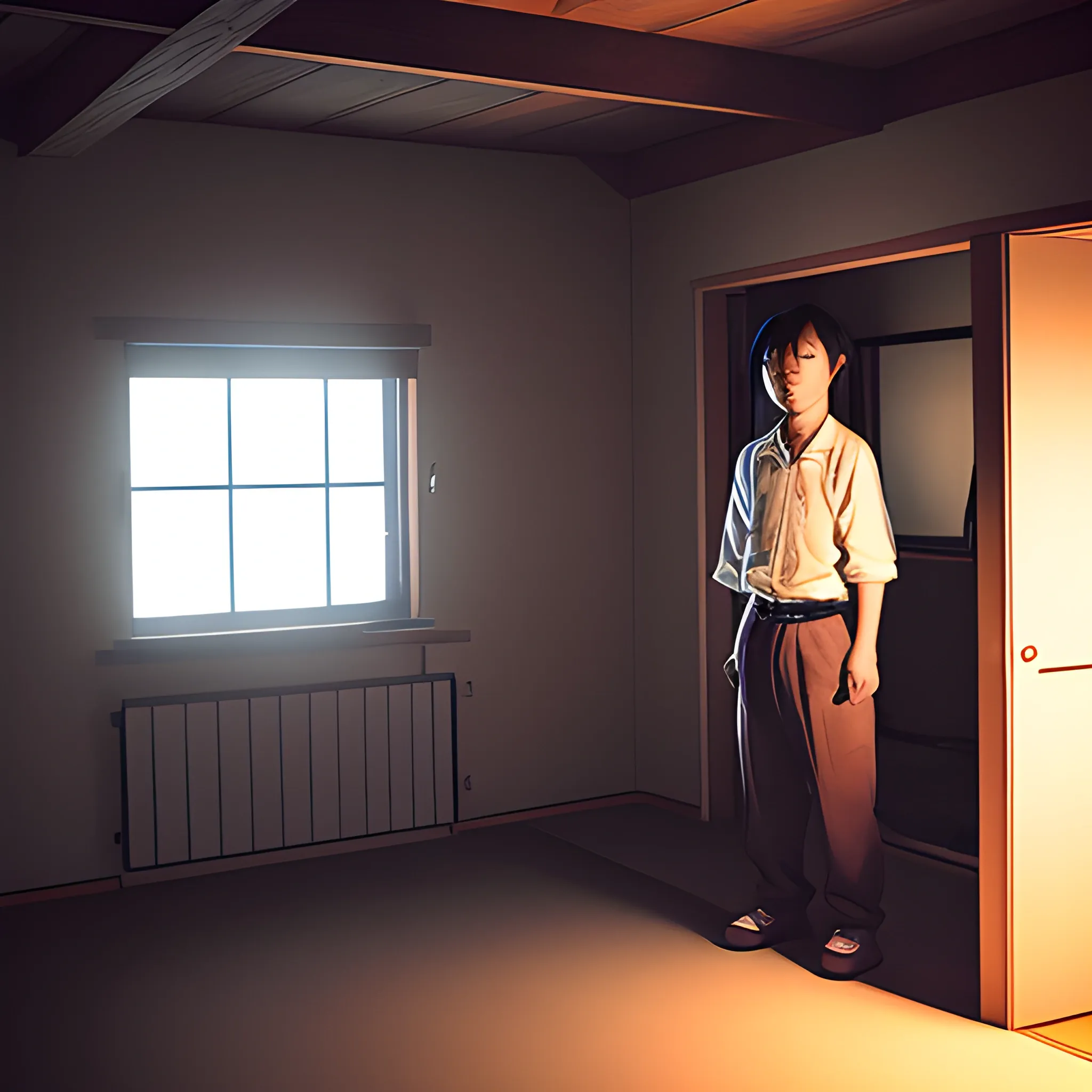 Fukaso san locked in a upstairs room apartment, dark lighting, epic ambient lighting, 8k, ultra hd
