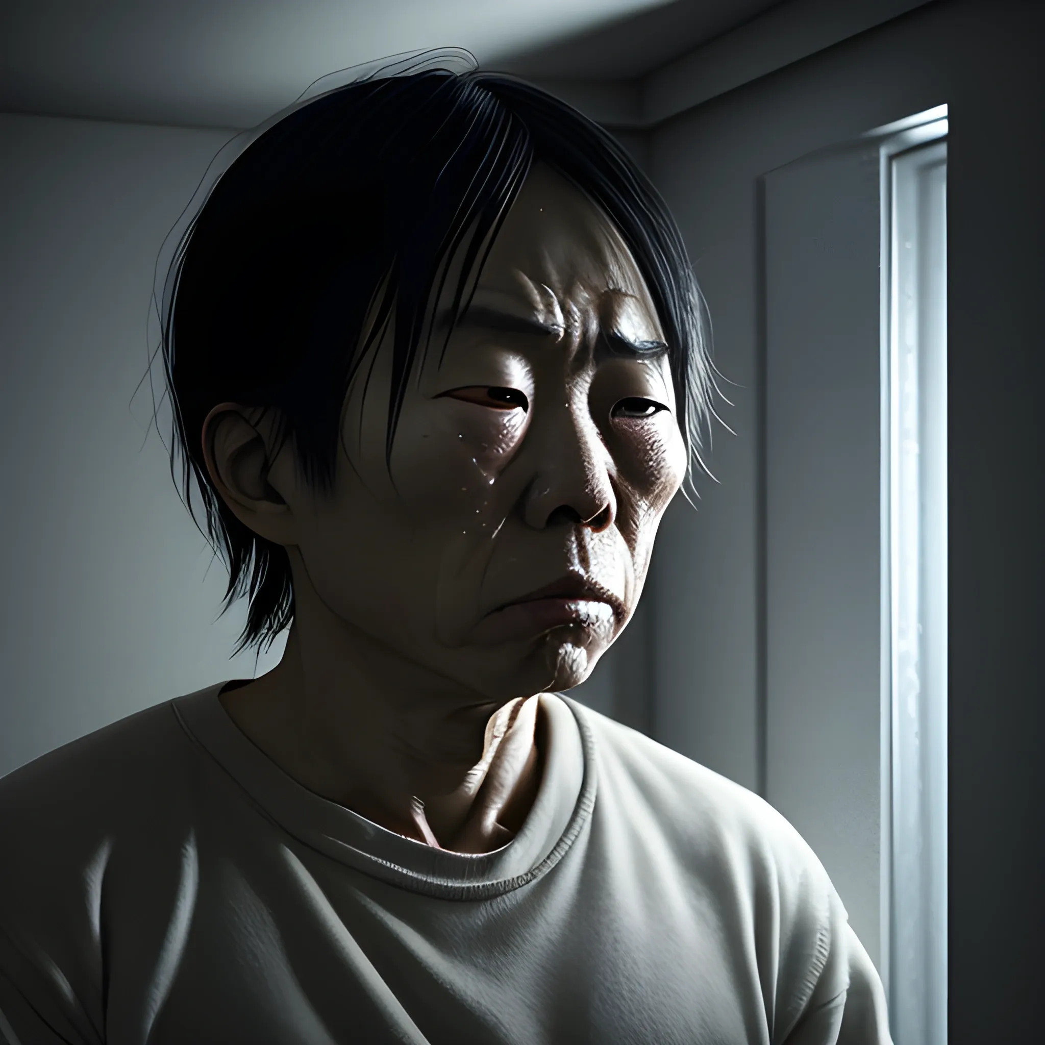 Fukaso san locked in a upstairs room apartment while crying in pain while in the dark corner of the room, highly detailed face, dark lighting, epic ambient lighting, 8k, ultra hd
