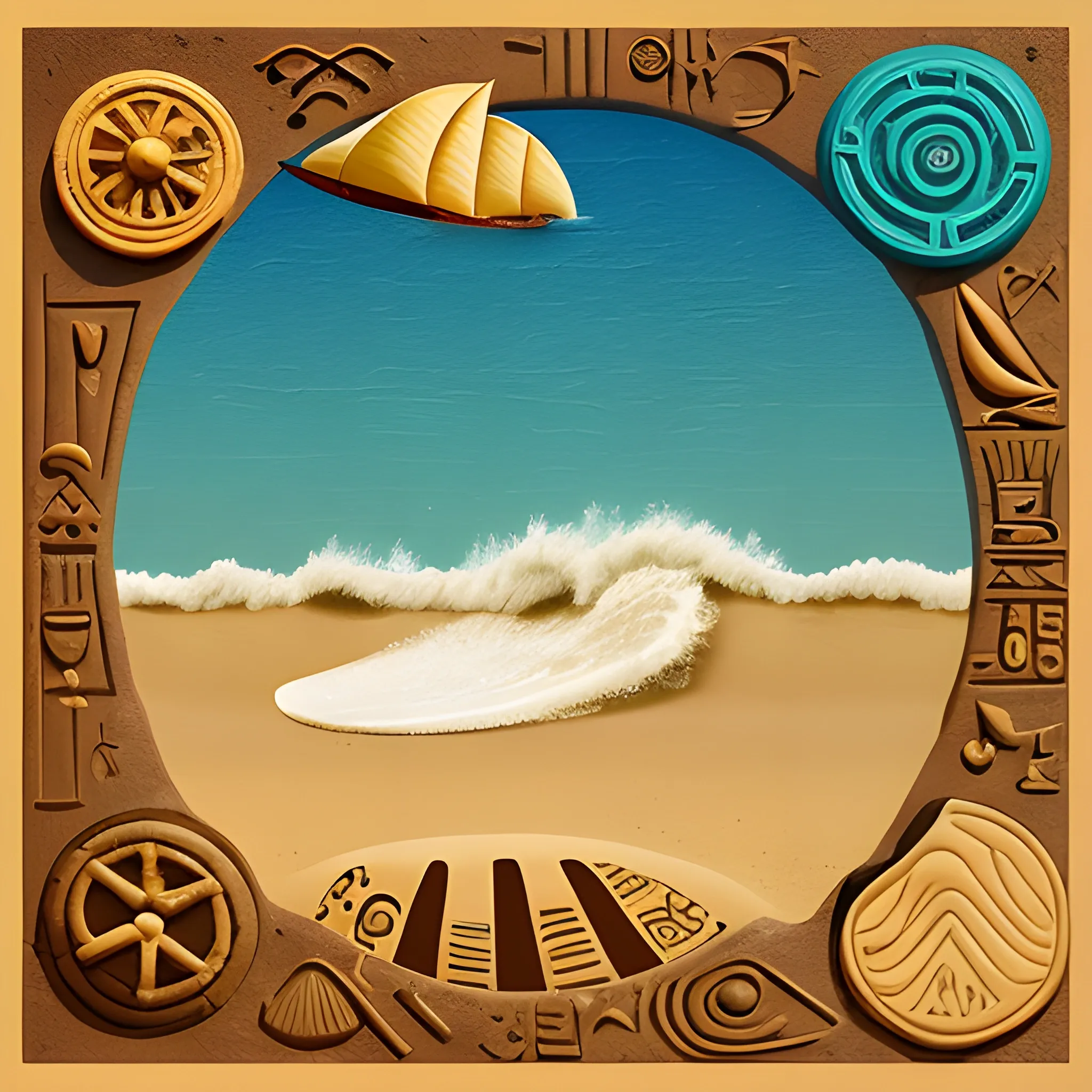 create ancient hieroglyphs that represent travel, ocean waves, camping, surfing
