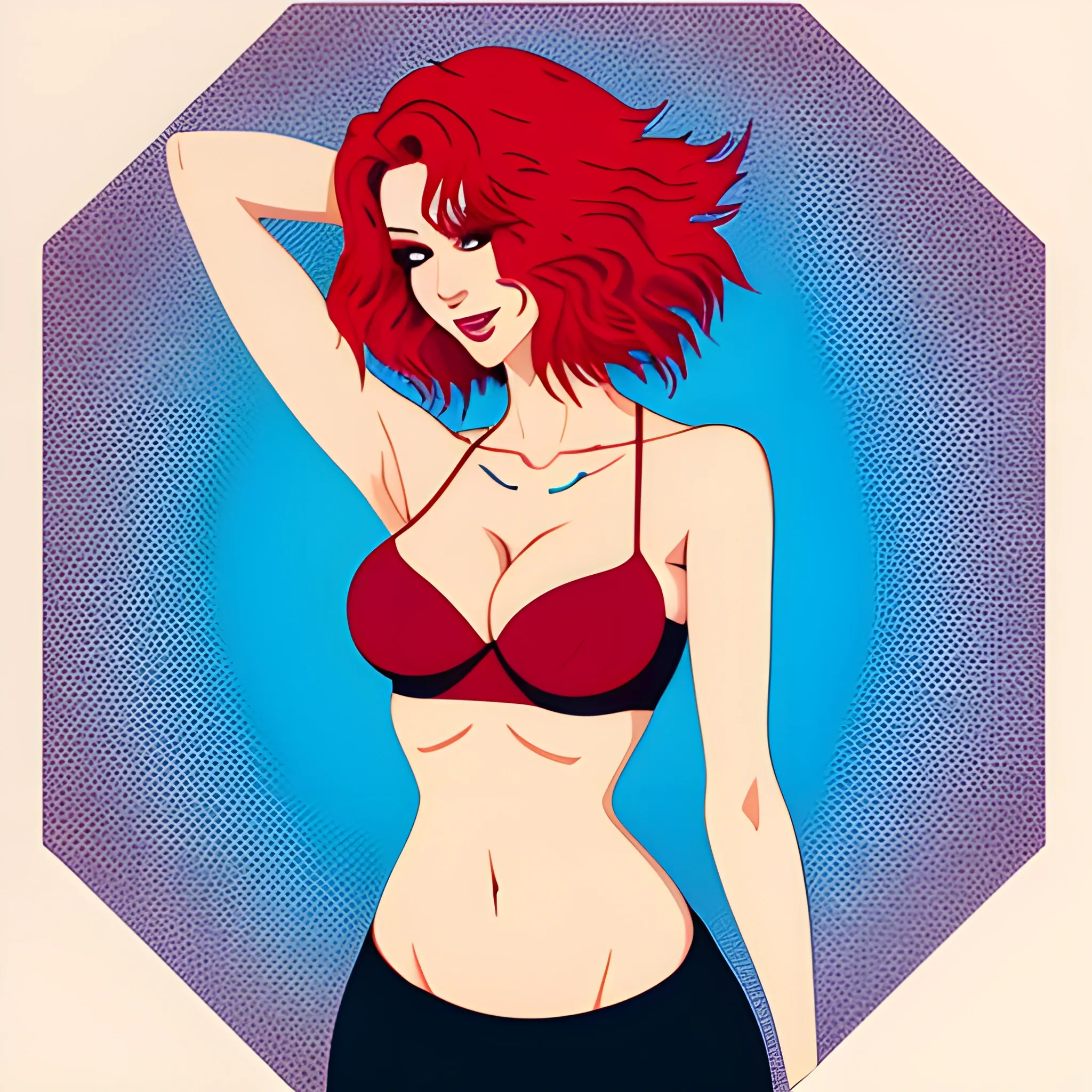 outline, vector, bedroom background, BREAK best quality, 1girl, red hair, messy hair ,tanktop, panties, bare shoulder, (cleavage), exposed midriff, shirt lift,perspective,looking at viewer,dynamic pose, cute, Trippy