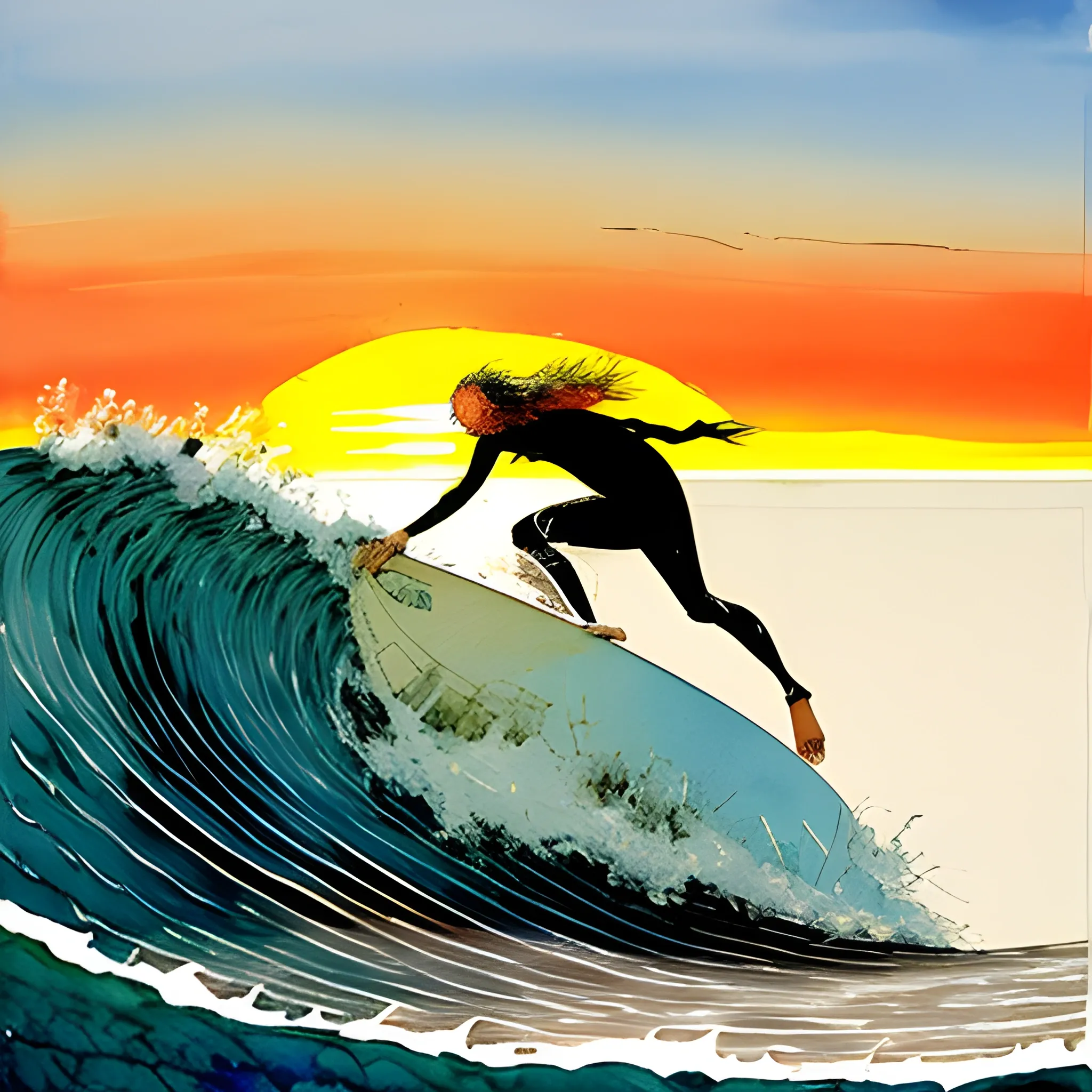 Ralph Steadman painting of a surfer on a huge wave with sunset behind, Water Color