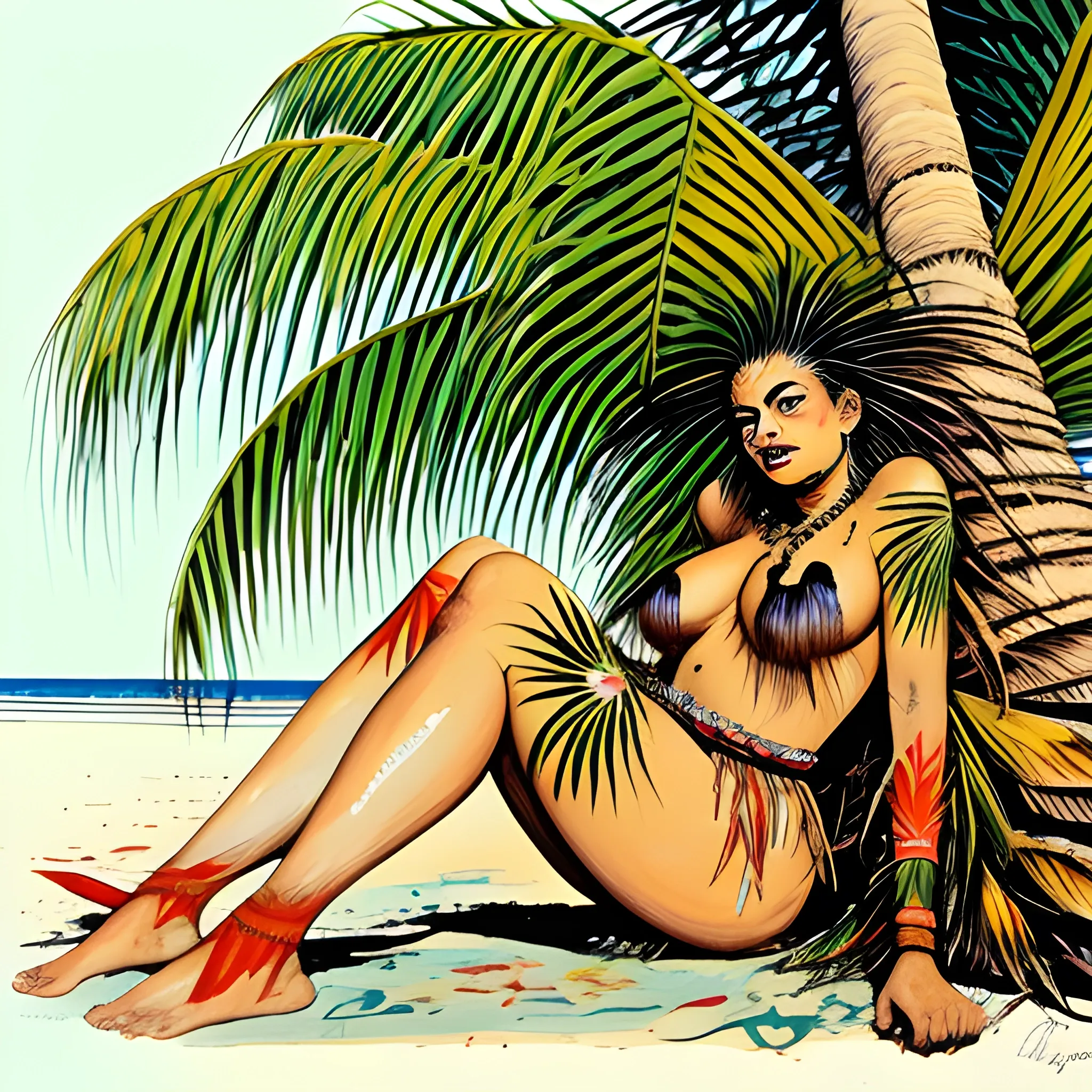 Ralph Steadman painting of exotic polynesian woman under a palm tree