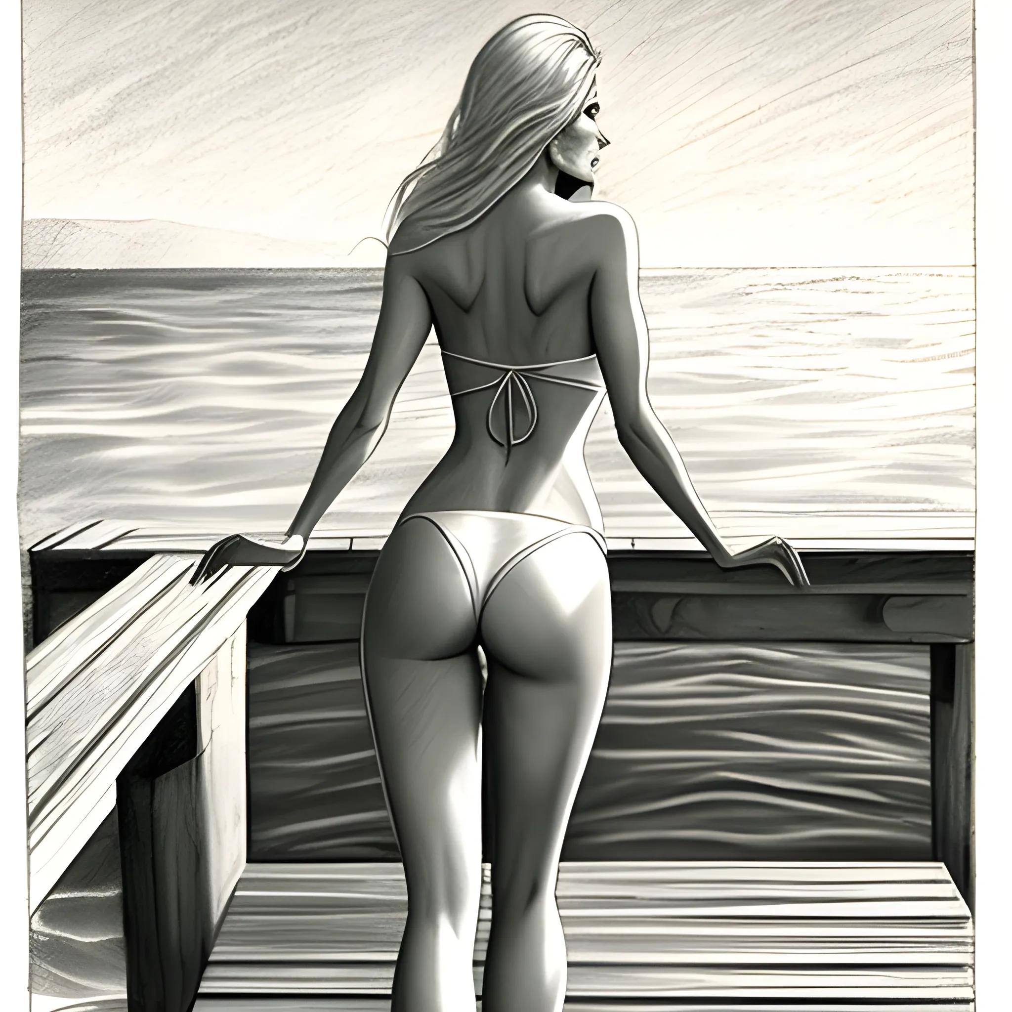 sea in the backgroundm on a dock, BREAK 1girl, silver very long hair, from back, (looking at the horizon), bikini, back focus, 180, Pencil Sketch